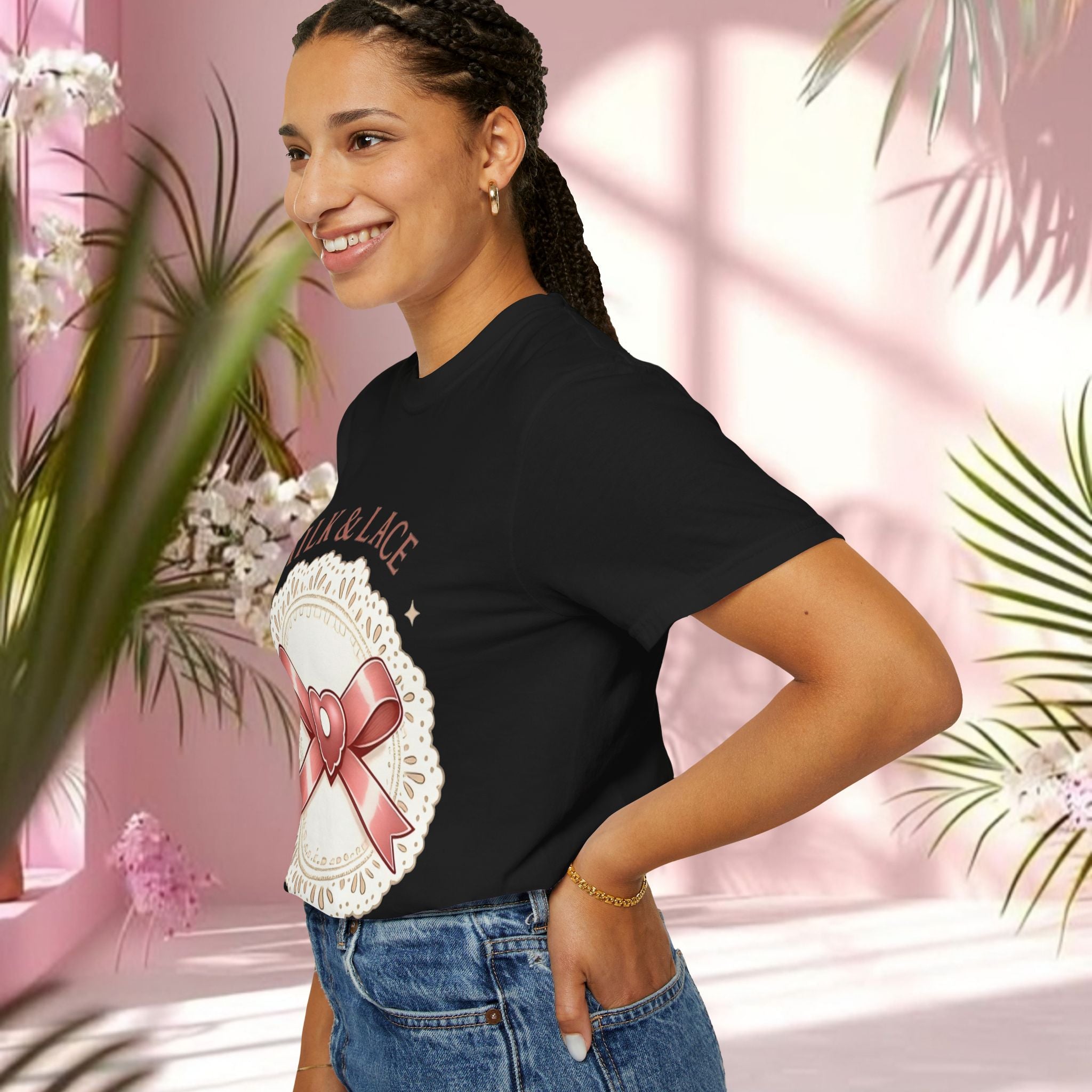 Milk & Lace Graphic T-Shirt — 'Soft Things Only' Romantic Bow Tee