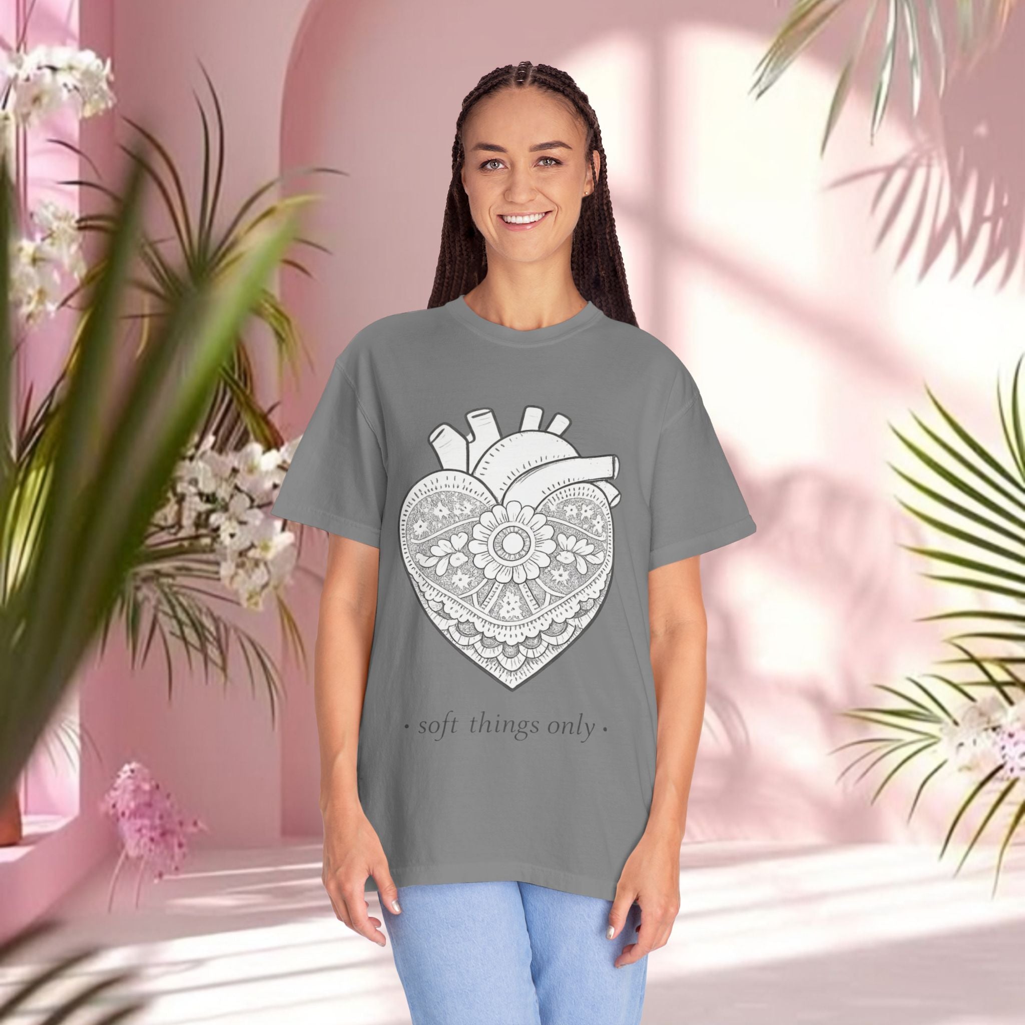 Lace Heart Anatomical Tee — "soft things only" Cotton T-Shirt