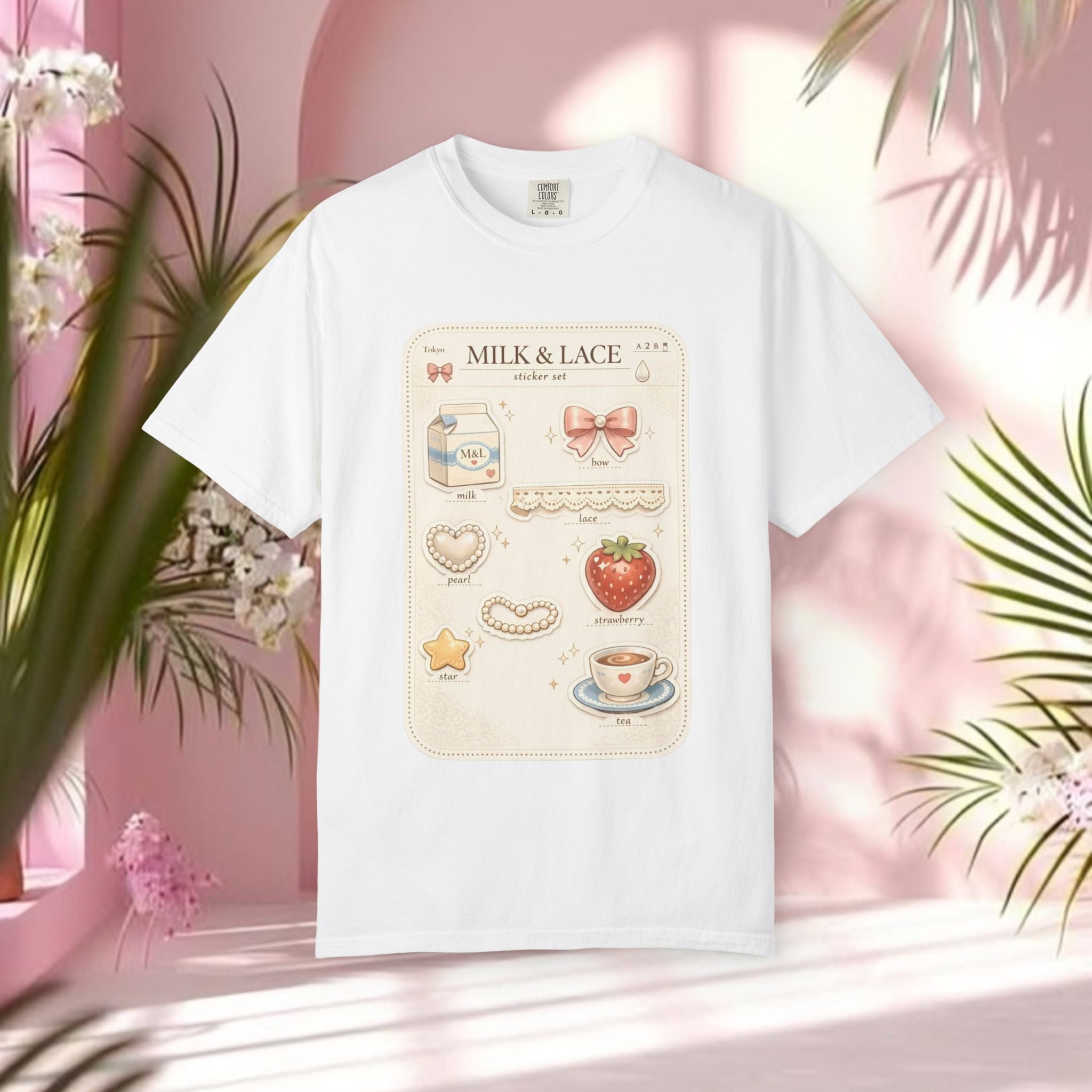 Milk & Lace Cute Pastel Sticker Tee — Strawberry Tea Graphic T-Shirt