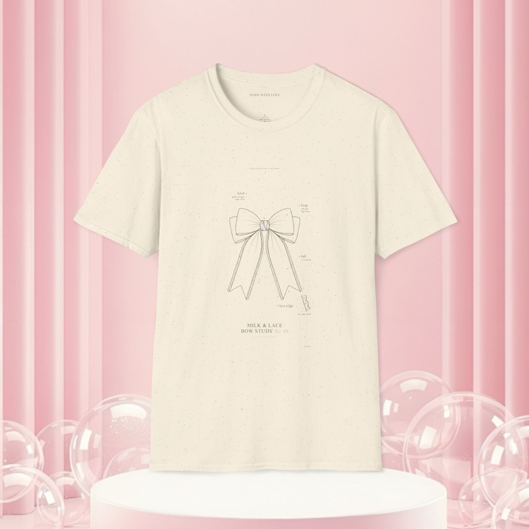 Minimal Bow Graphic T-Shirt — Delicate Ribbon Illustration with Subtle Back Text — Casual Feminine Tee