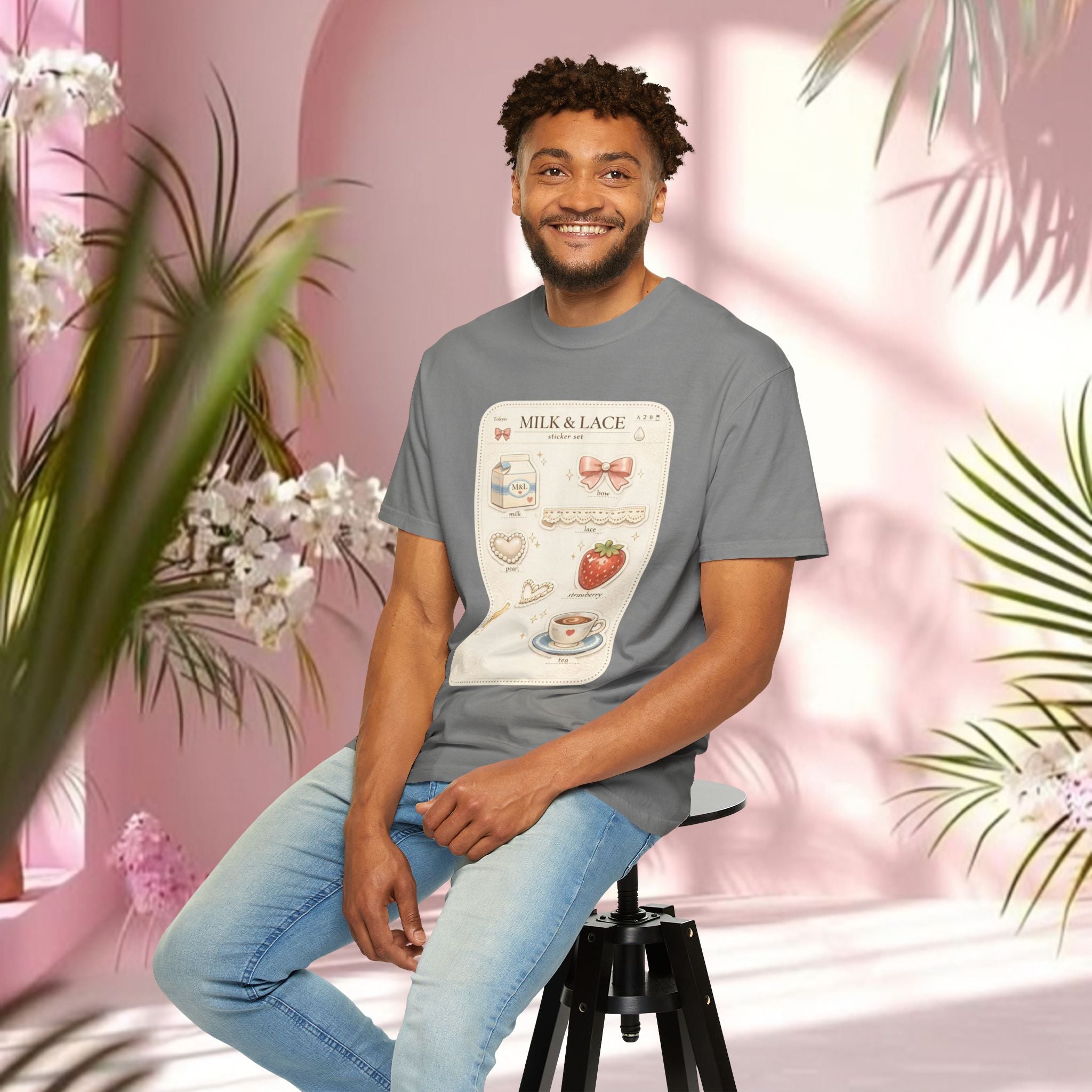 Milk & Lace Cute Pastel Sticker Tee — Strawberry Tea Graphic T-Shirt
