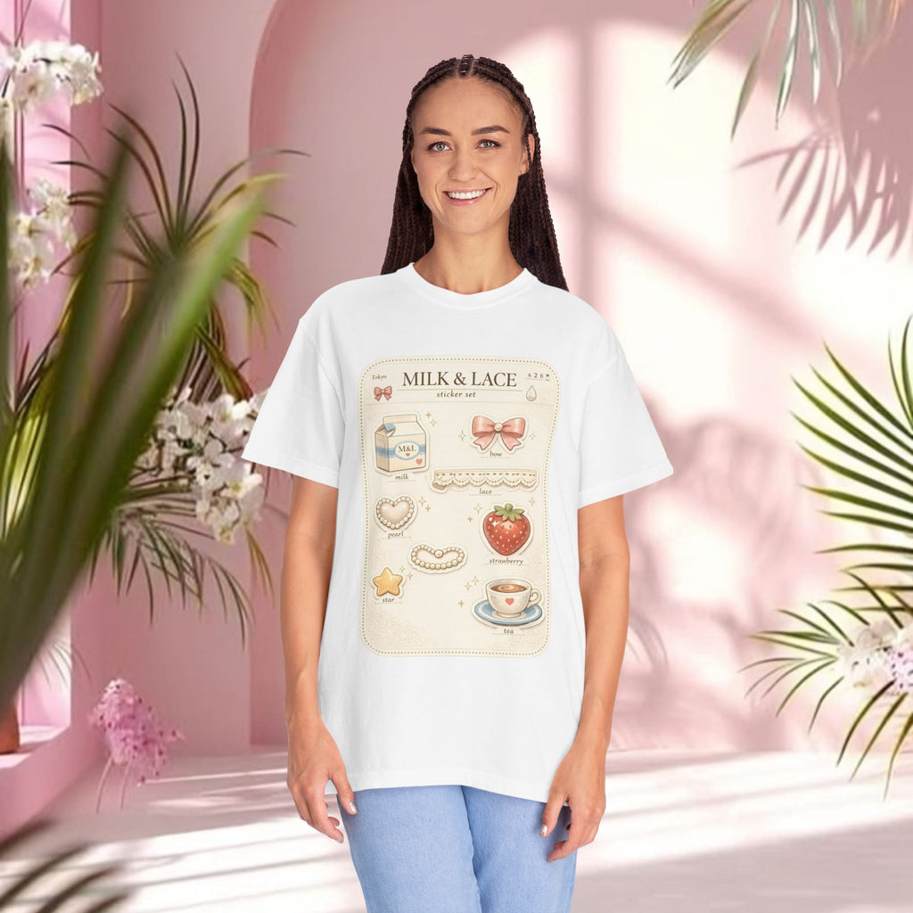 Milk & Lace Cute Pastel Sticker Tee — Strawberry Tea Graphic T-Shirt