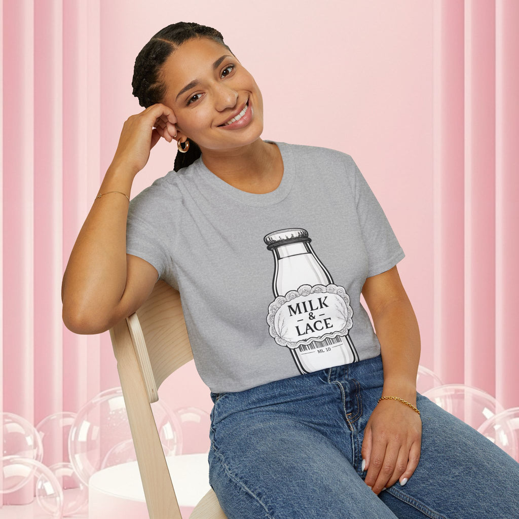 Milk & Lace T-Shirt — Vintage Milk Bottle Graphic with “Milk doesn't blush.” Back Text