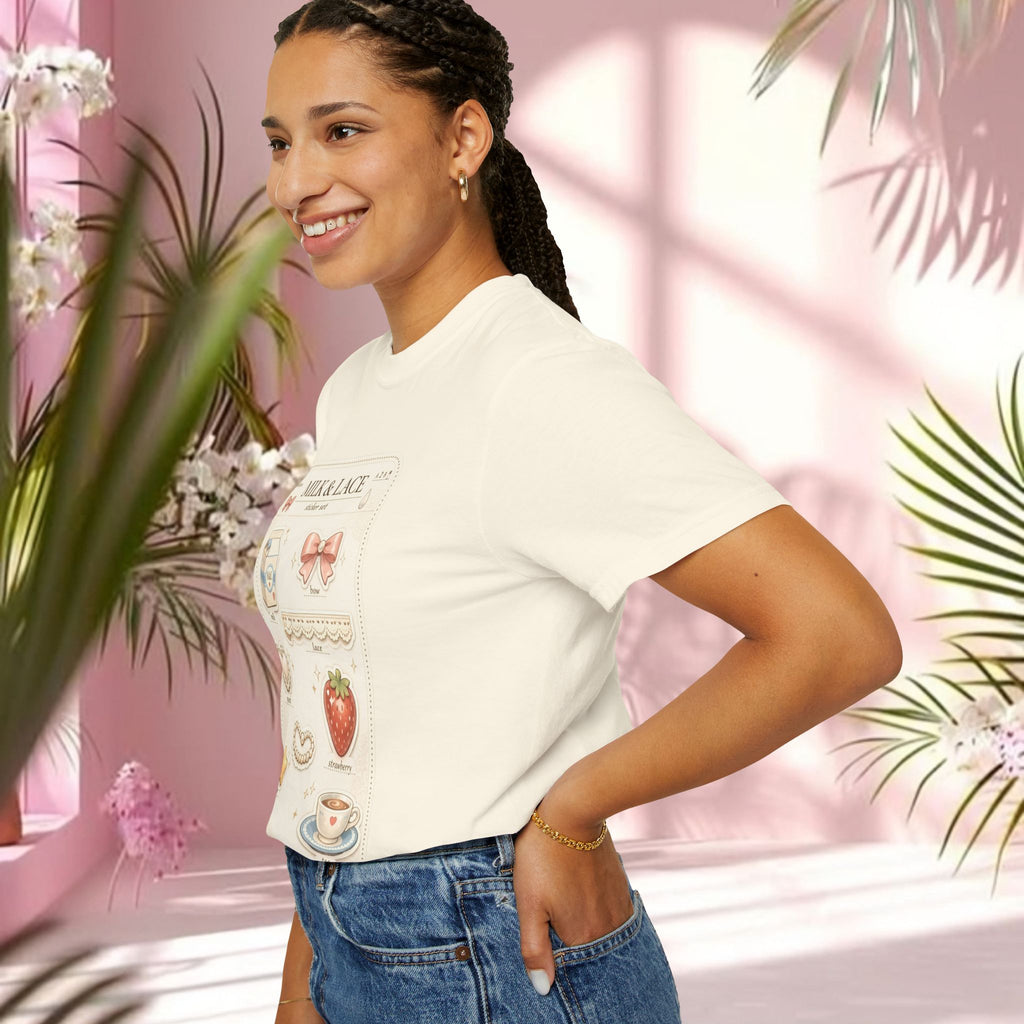 Milk & Lace Cute Pastel Sticker Tee — Strawberry Tea Graphic T-Shirt