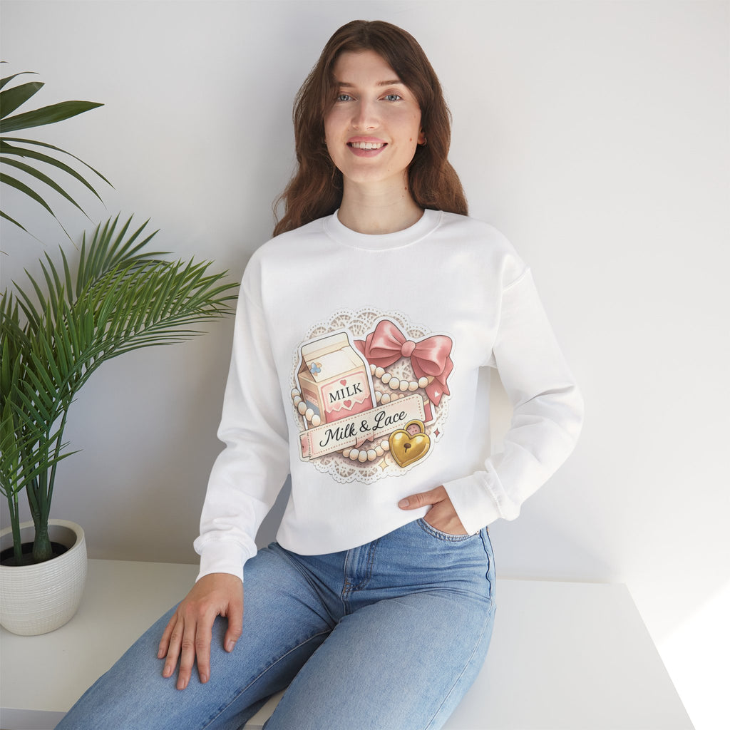 Milk & Lace Crewneck Sweatshirt — Cute Pastel Vintage Milk Carton Design