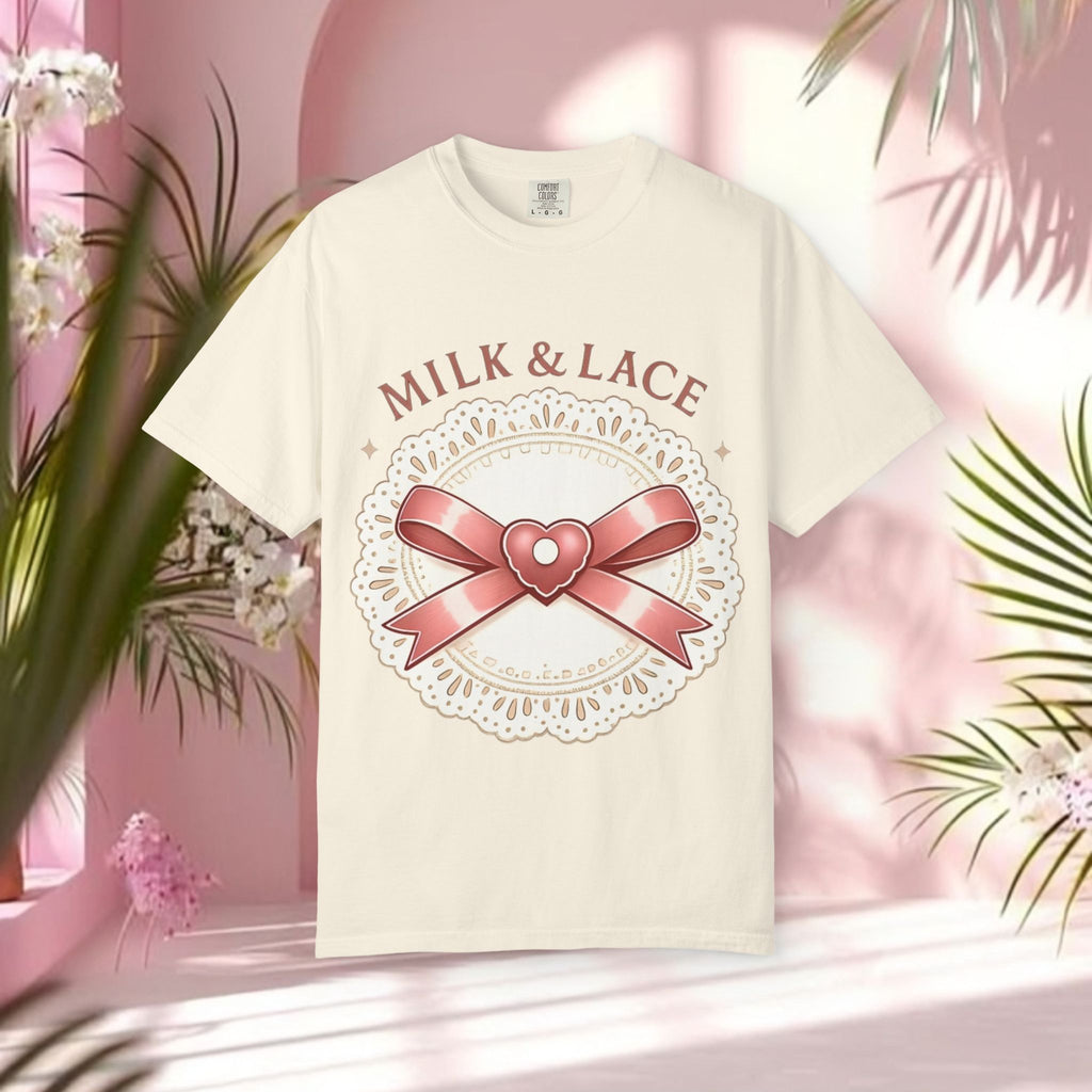 Milk & Lace Graphic T-Shirt — 'Soft Things Only' Romantic Bow Tee
