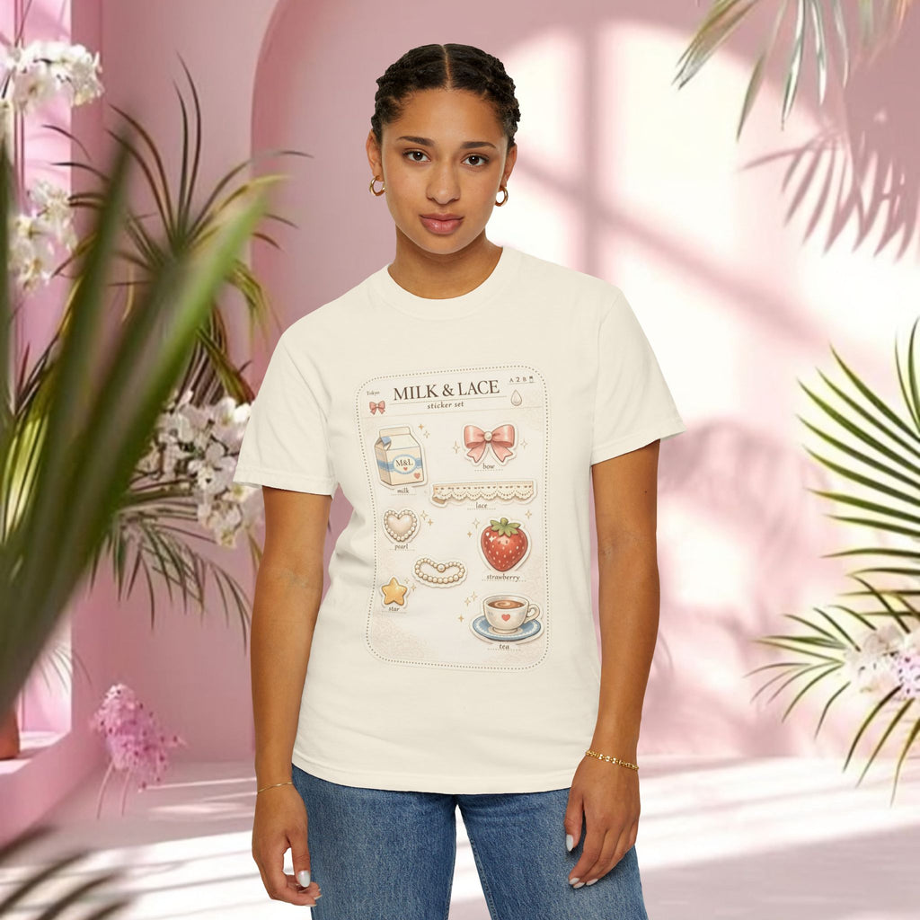 Milk & Lace Cute Pastel Sticker Tee — Strawberry Tea Graphic T-Shirt