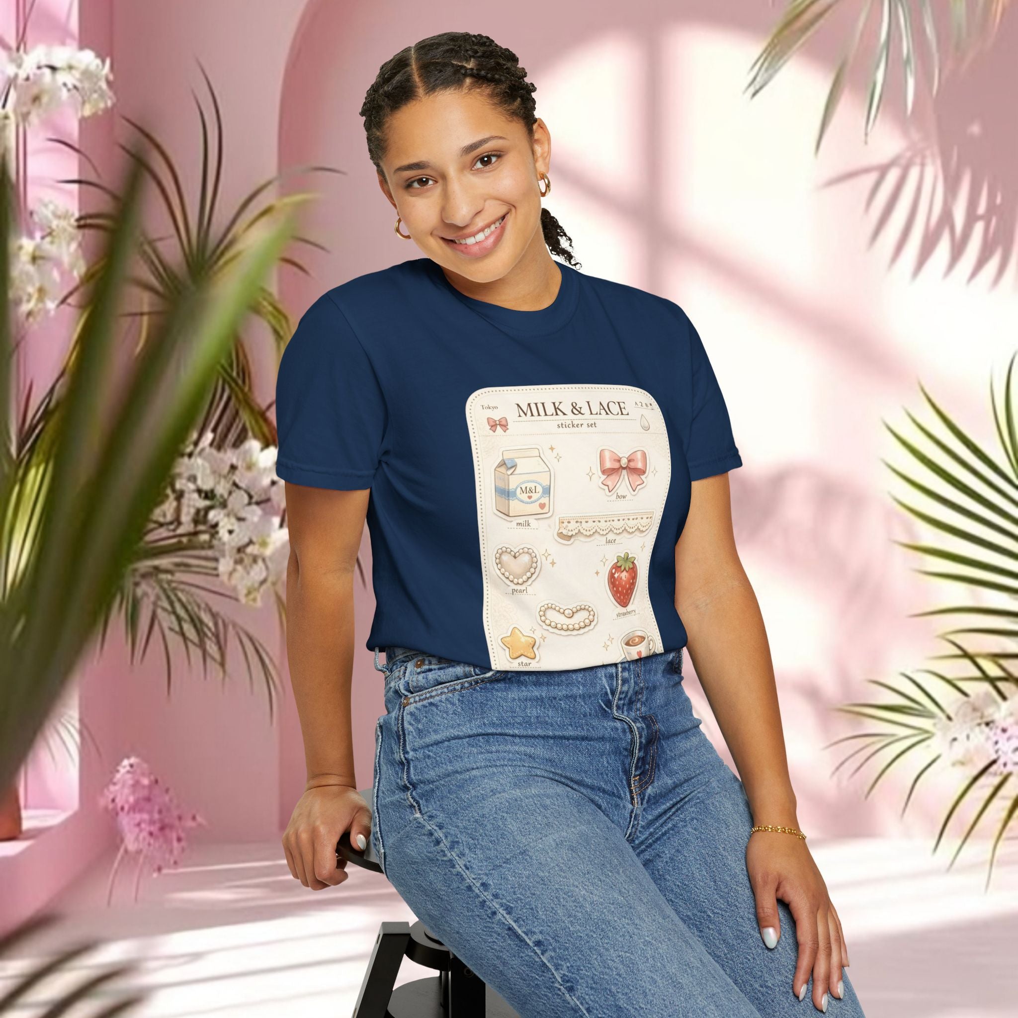 Milk & Lace Cute Pastel Sticker Tee — Strawberry Tea Graphic T-Shirt