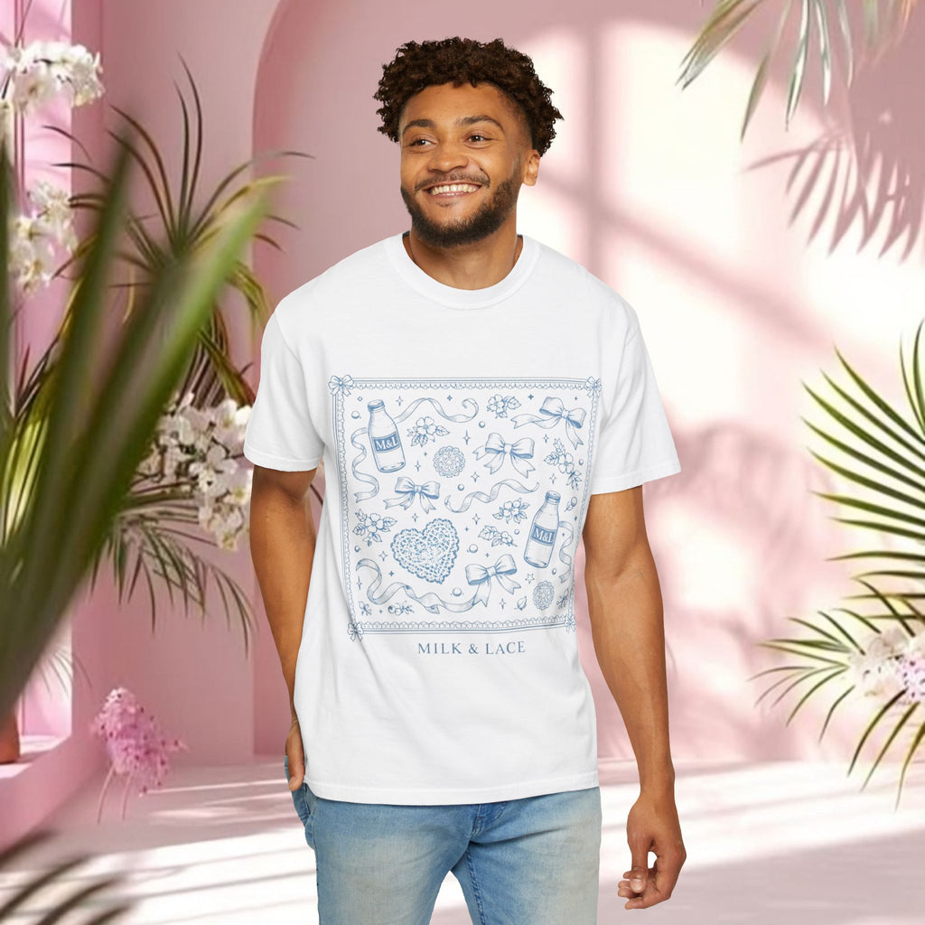Milk & Lace Bandana Graphic T-Shirt — “soft things only.” Back Print