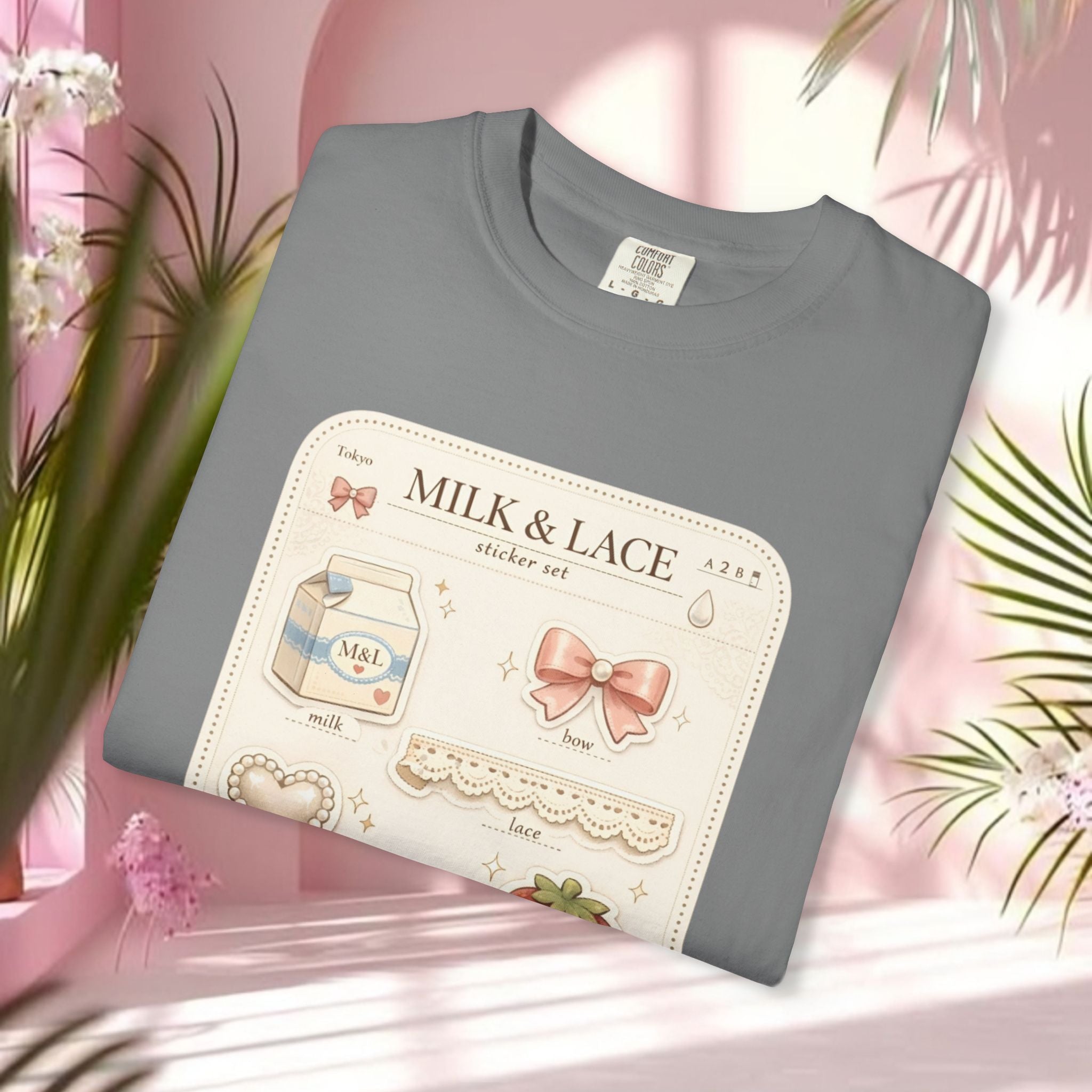 Milk & Lace Cute Pastel Sticker Tee — Strawberry Tea Graphic T-Shirt