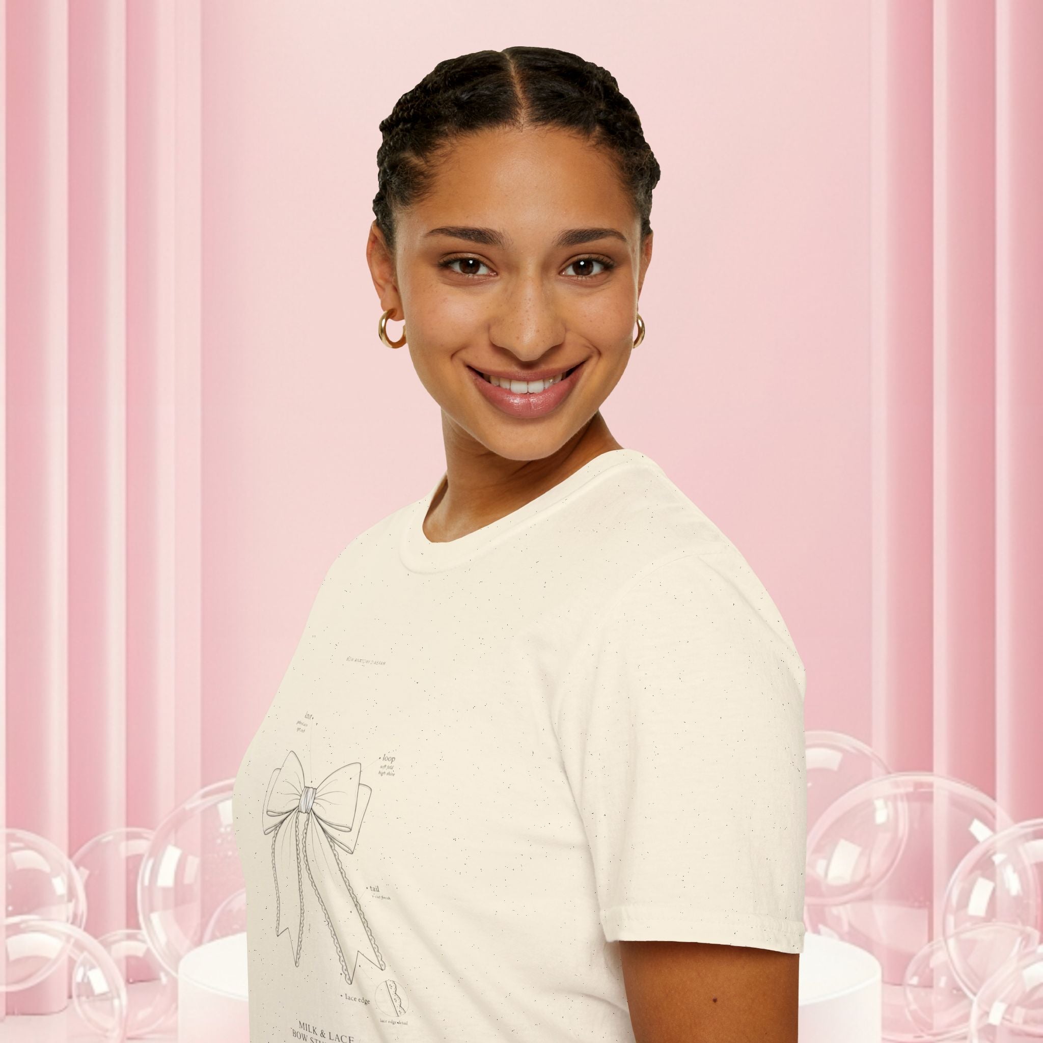 Minimal Bow Graphic T-Shirt — Delicate Ribbon Illustration with Subtle Back Text — Casual Feminine Tee