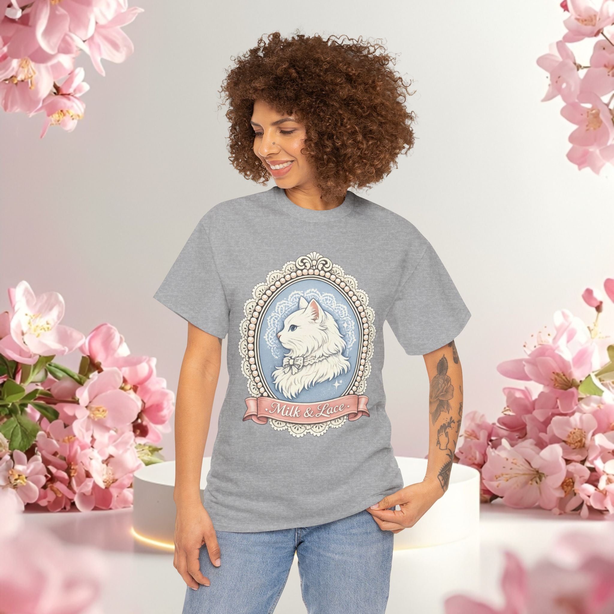 Cute Girly Cat T-Shirt — Soft Pastel Cat Graphic Tee for Cat Lovers