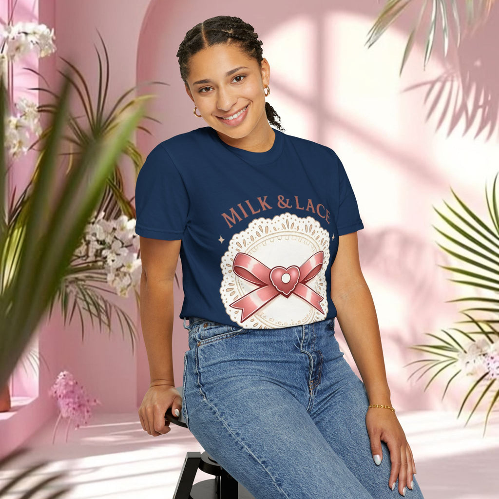 Milk & Lace Graphic T-Shirt — 'Soft Things Only' Romantic Bow Tee