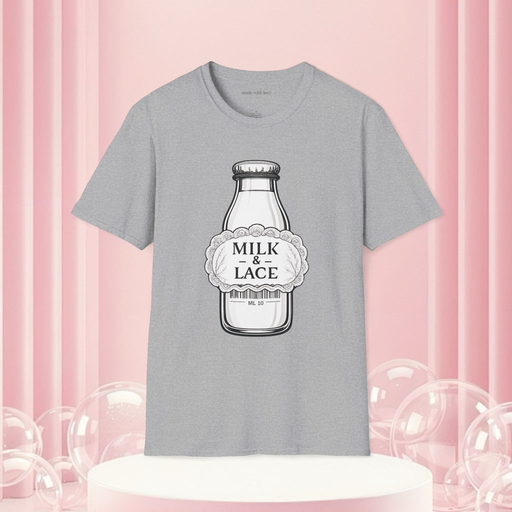 Milk & Lace T-Shirt — Vintage Milk Bottle Graphic with “Milk doesn't blush.” Back Text