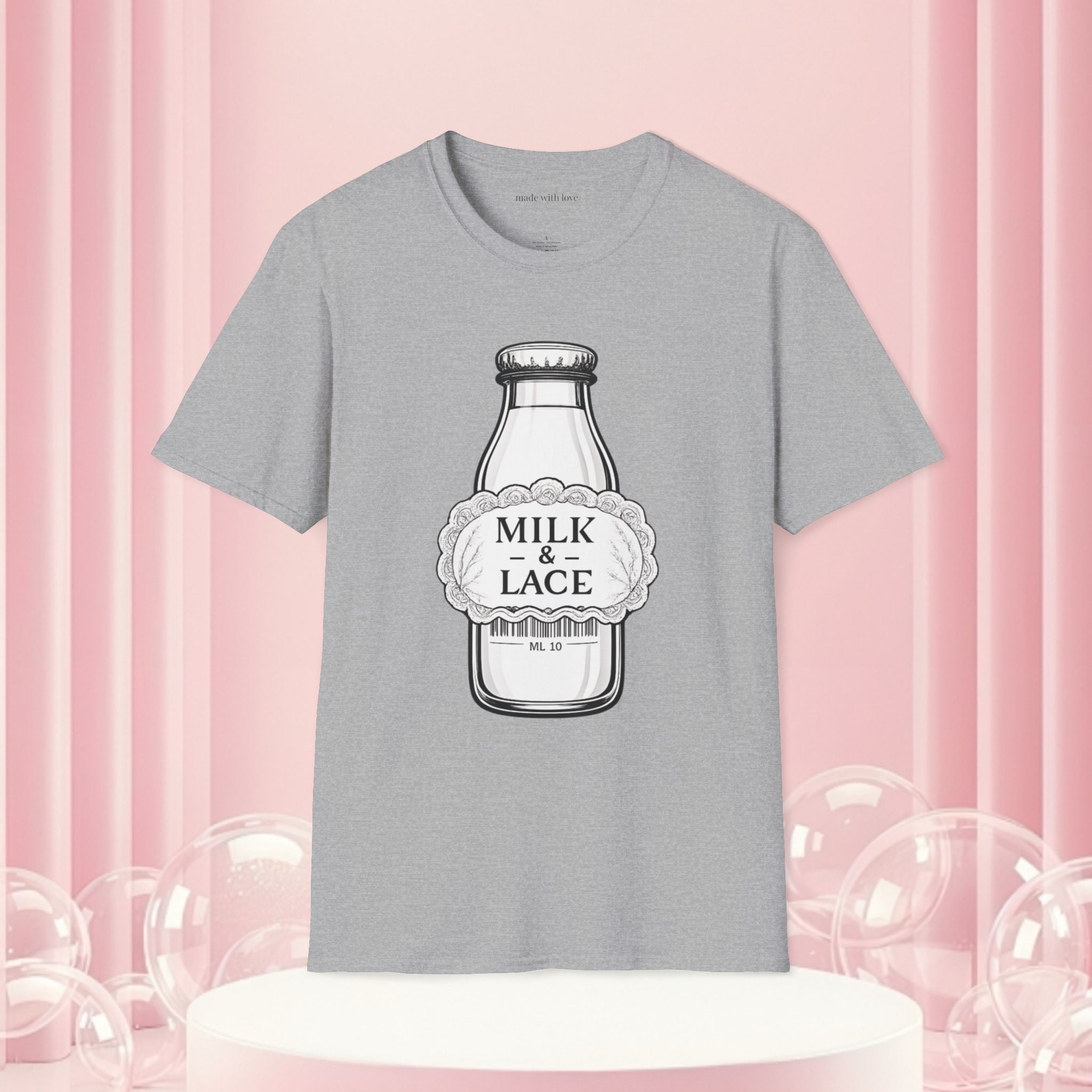 Milk & Lace T-Shirt — Vintage Milk Bottle Graphic with “Milk doesn't blush.” Back Text