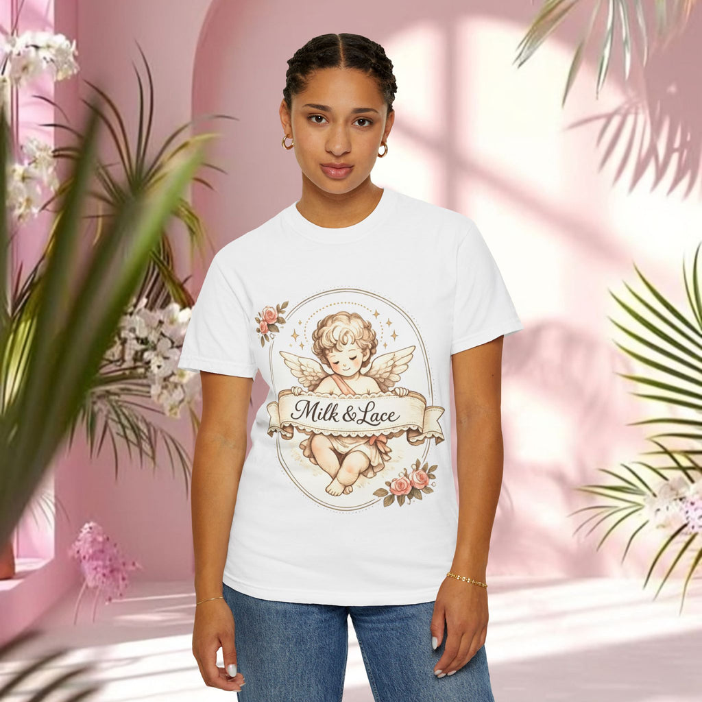 Angel Cherub Tee — "Milk & Lace" Vintage Floral Graphic T-Shirt