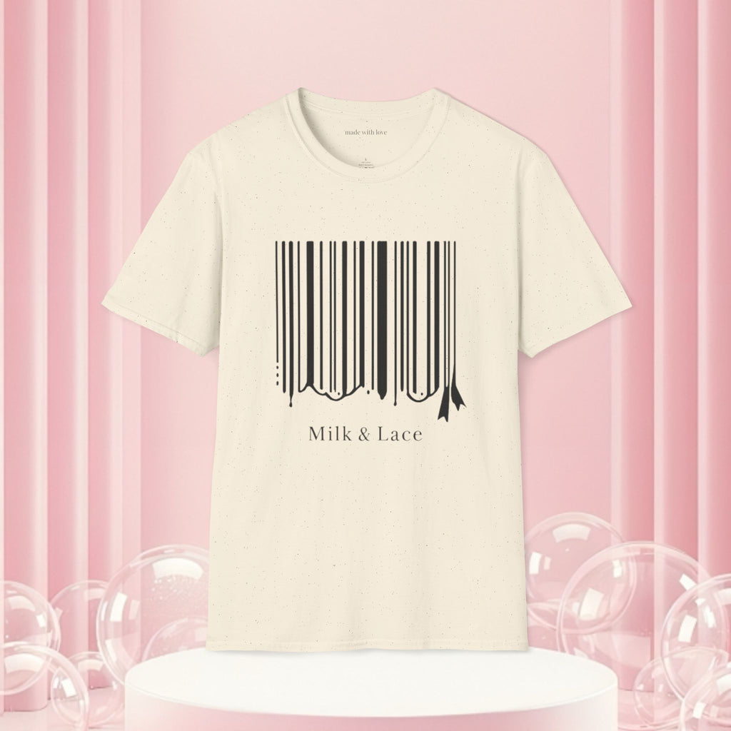 Milk & Lace Barcode Tee — “Delicate, Not Harmless.” Graphic T-Shirt