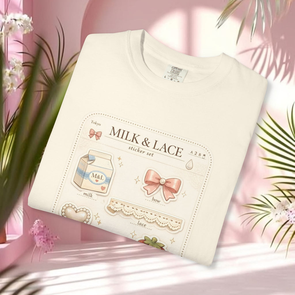 Milk & Lace Cute Pastel Sticker Tee — Strawberry Tea Graphic T-Shirt