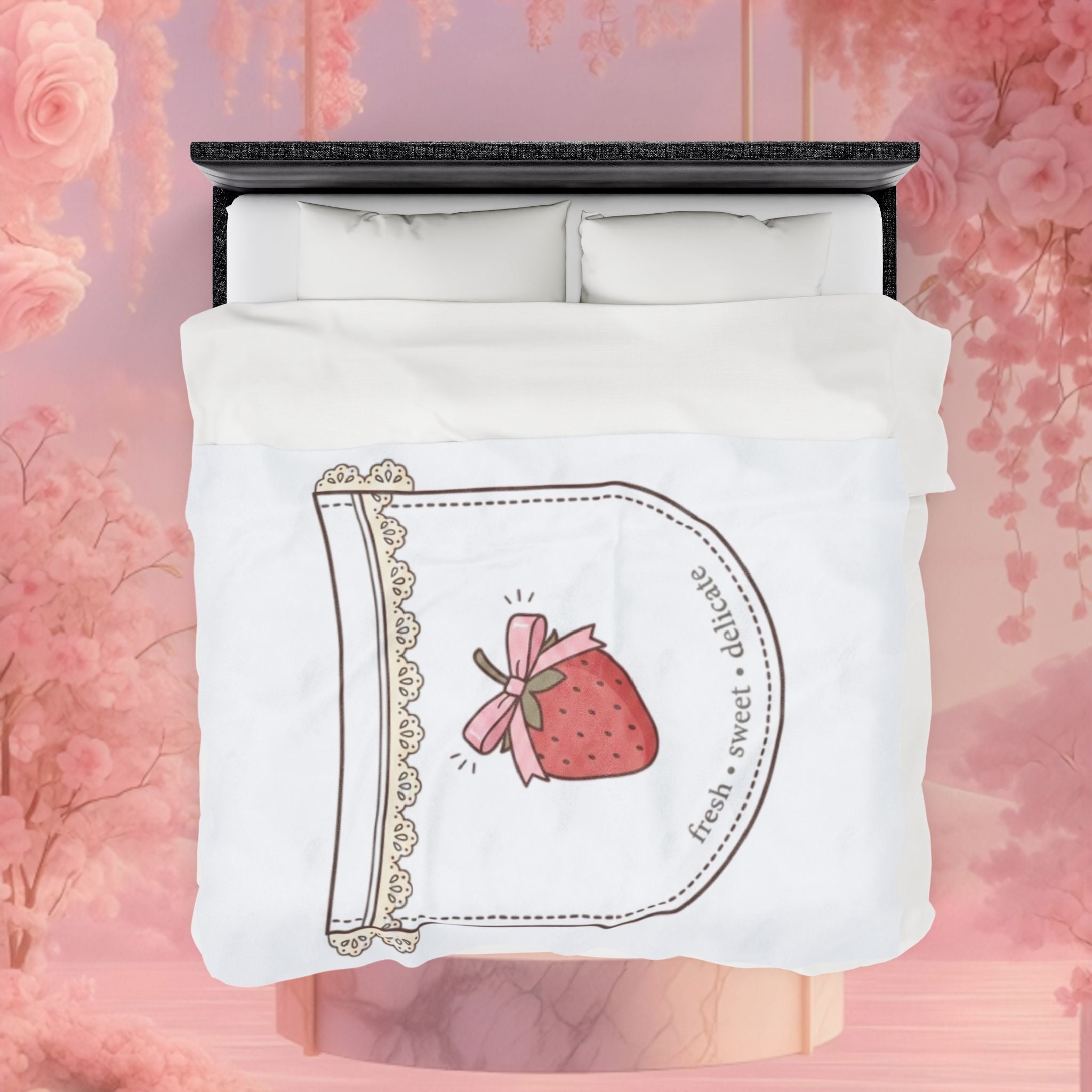 Strawberry Whimsy Velveteen Plush Blanket — Gentle, Whimsical Strawberry Design