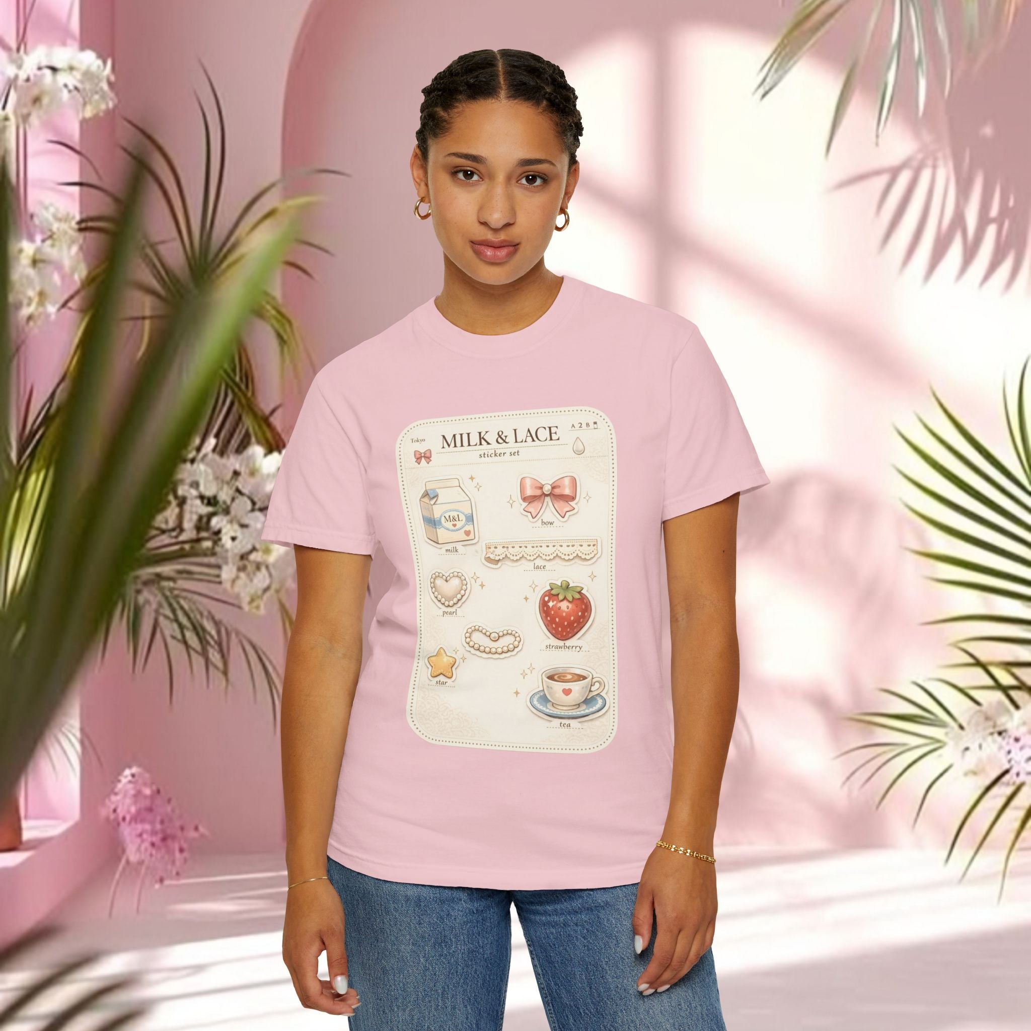 Milk & Lace Cute Pastel Sticker Tee — Strawberry Tea Graphic T-Shirt