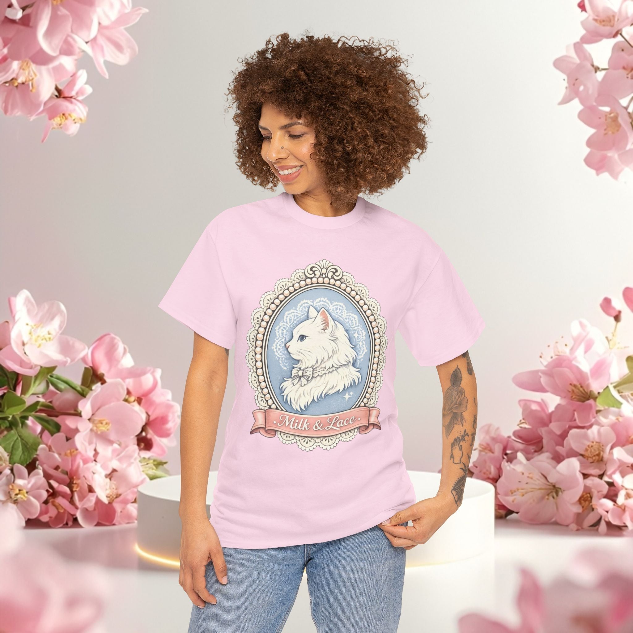 Cute Girly Cat T-Shirt — Soft Pastel Cat Graphic Tee for Cat Lovers