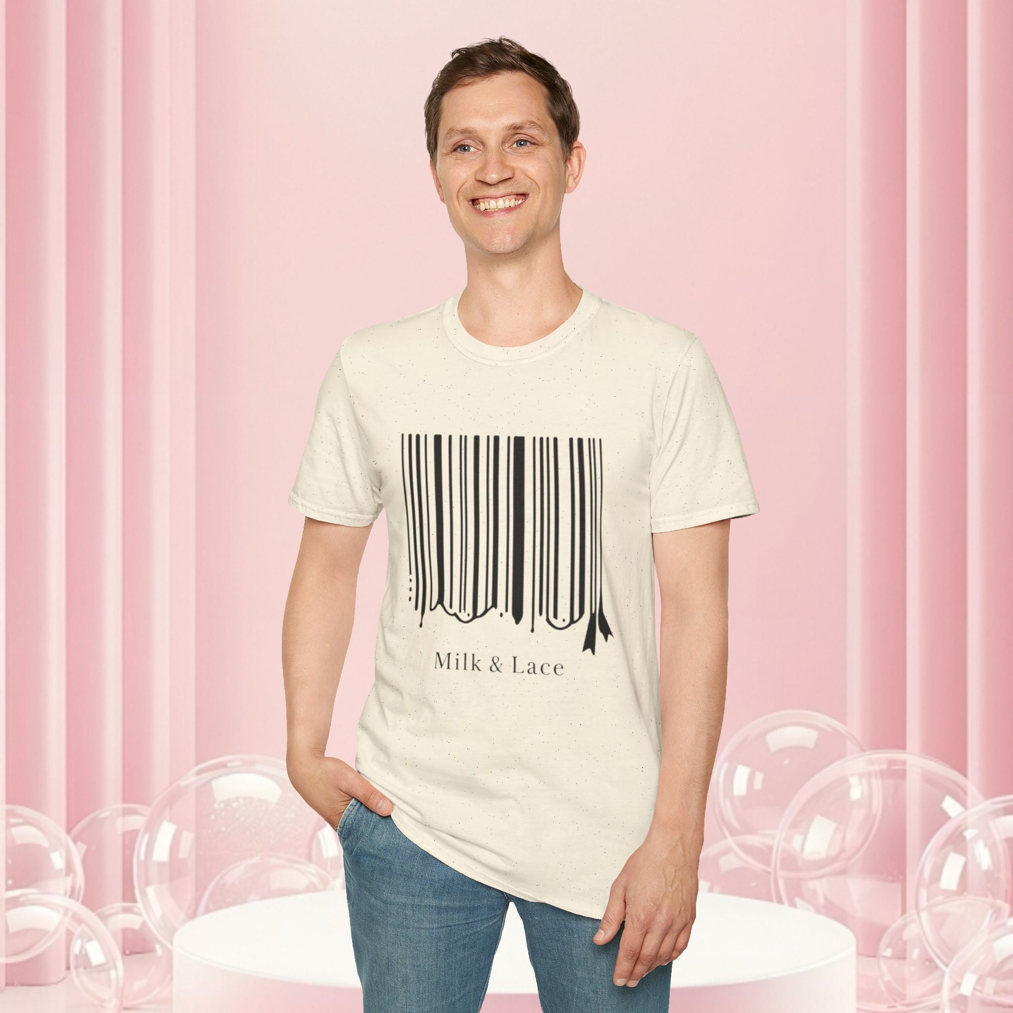 Milk & Lace Barcode Tee — “Delicate, Not Harmless.” Graphic T-Shirt