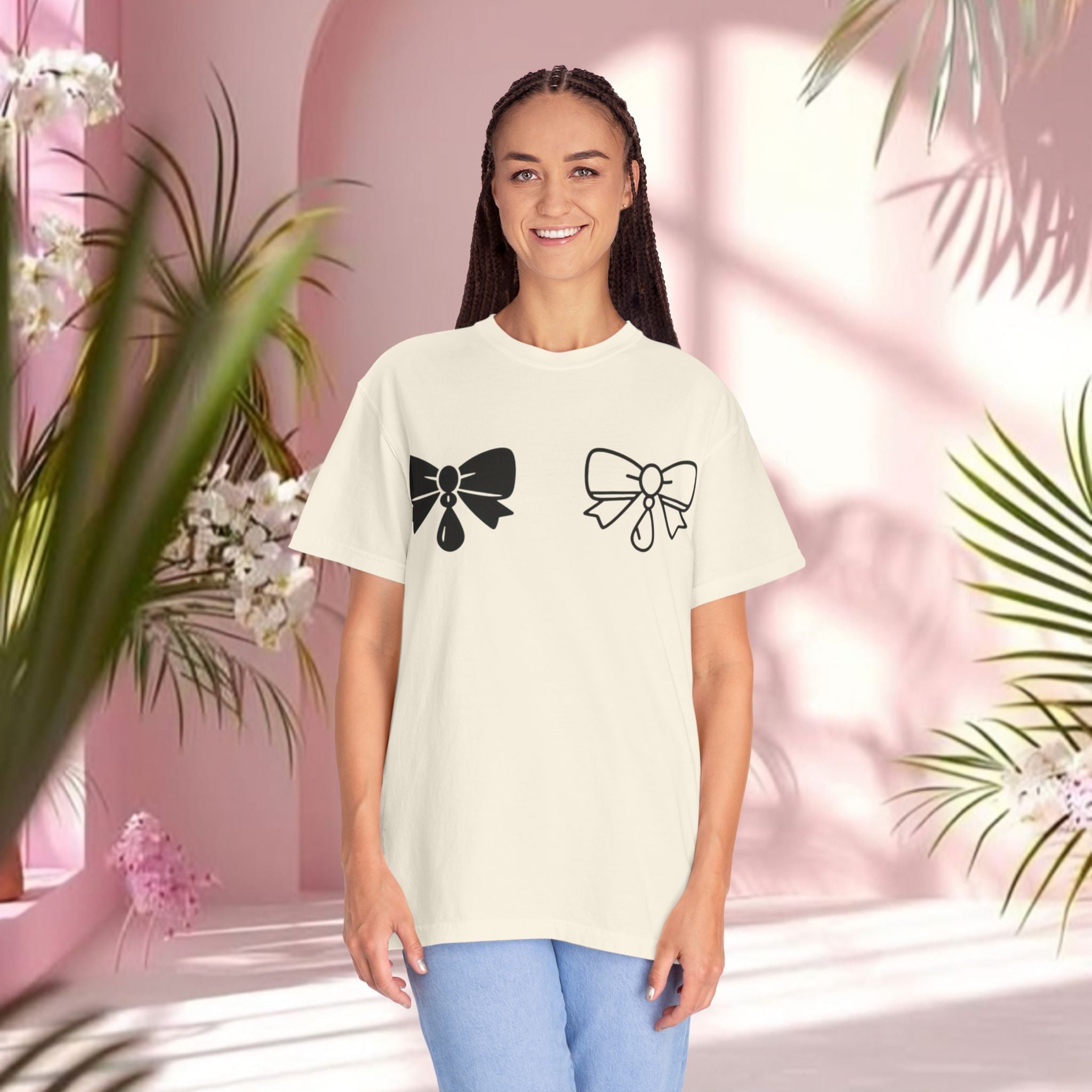 Bow Graphic T‑Shirt — "Milk & Lace — made of sugar." Back Text Tee