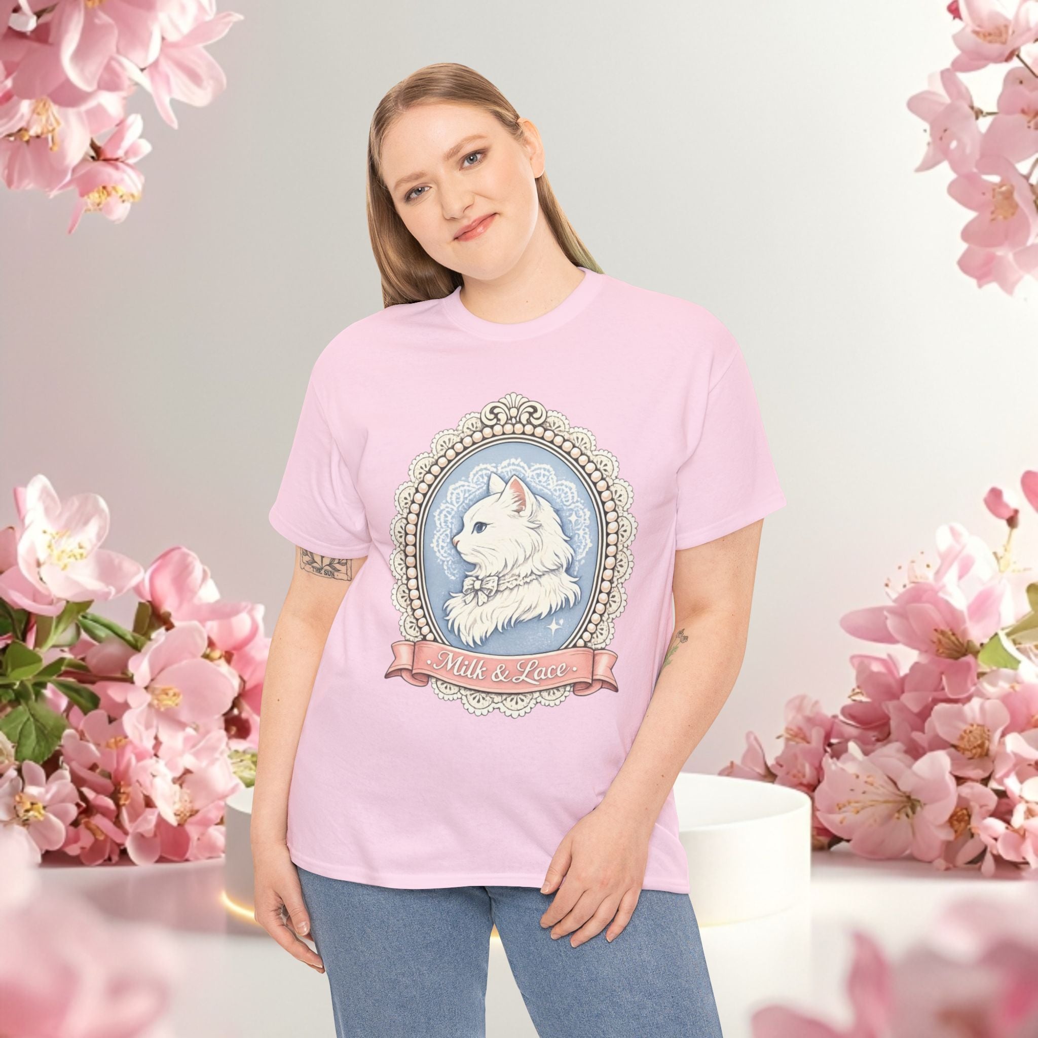Cute Girly Cat T-Shirt — Soft Pastel Cat Graphic Tee for Cat Lovers