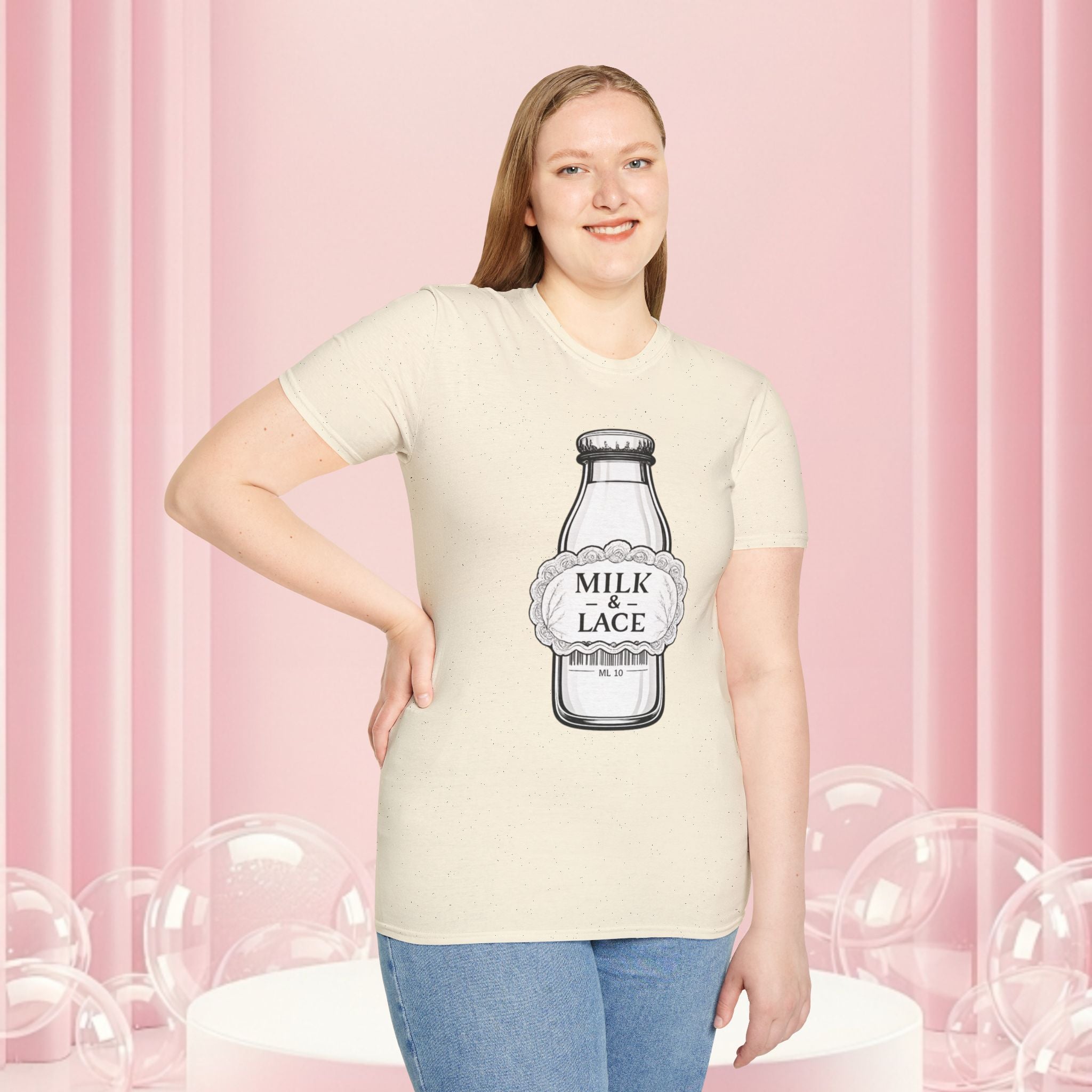 Milk & Lace T-Shirt — Vintage Milk Bottle Graphic with “Milk doesn't blush.” Back Text