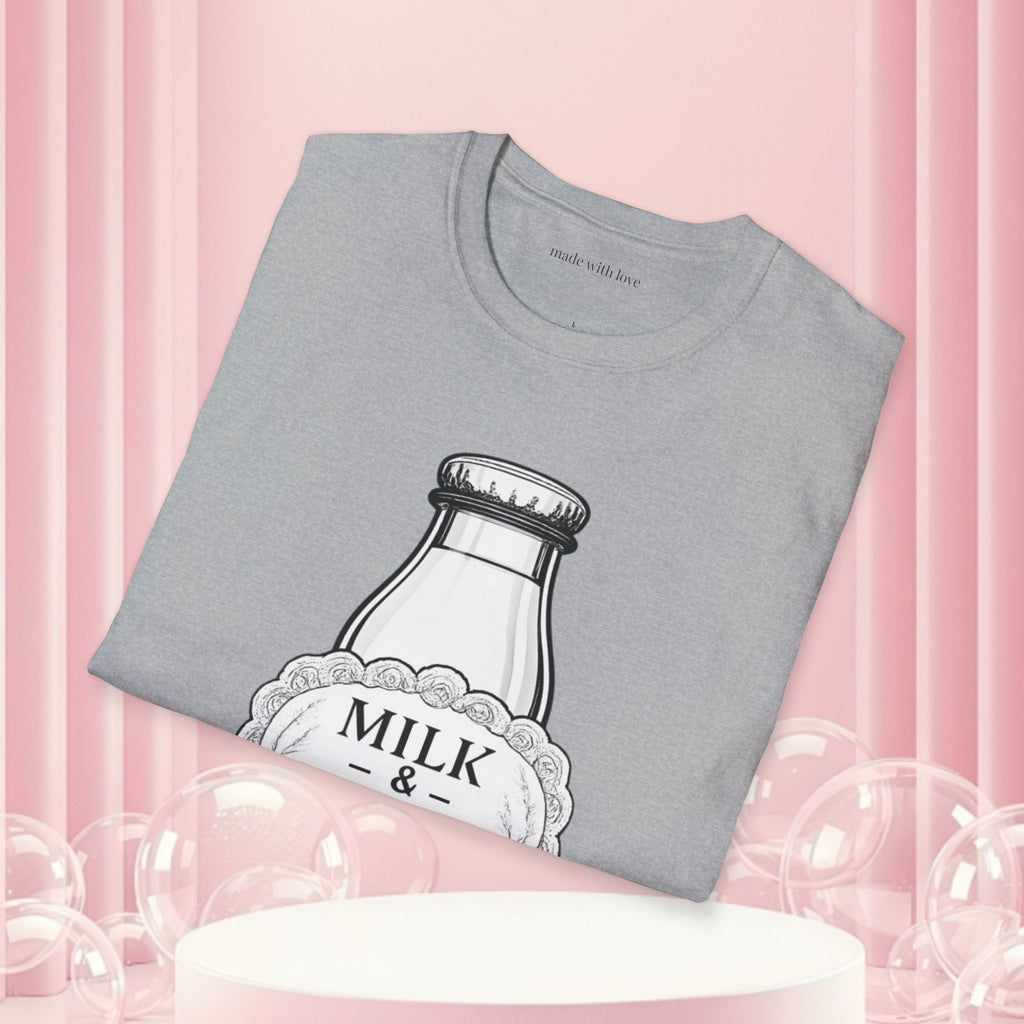 Milk & Lace T-Shirt — Vintage Milk Bottle Graphic with “Milk doesn't blush.” Back Text