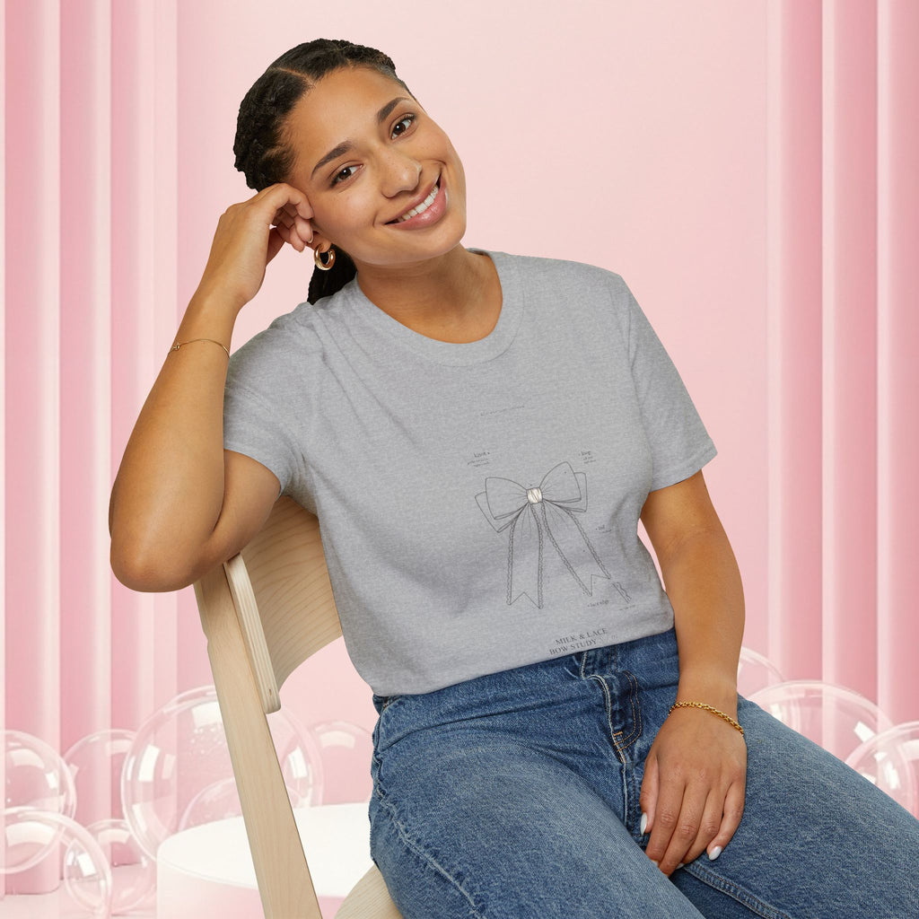 Minimal Bow Graphic T-Shirt — Delicate Ribbon Illustration with Subtle Back Text — Casual Feminine Tee
