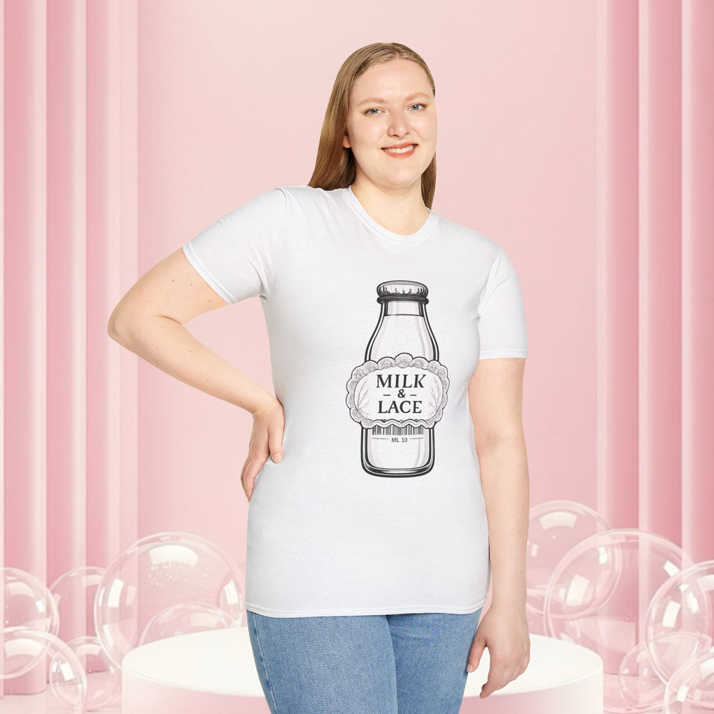 Milk & Lace T-Shirt — Vintage Milk Bottle Graphic with “Milk doesn't blush.” Back Text