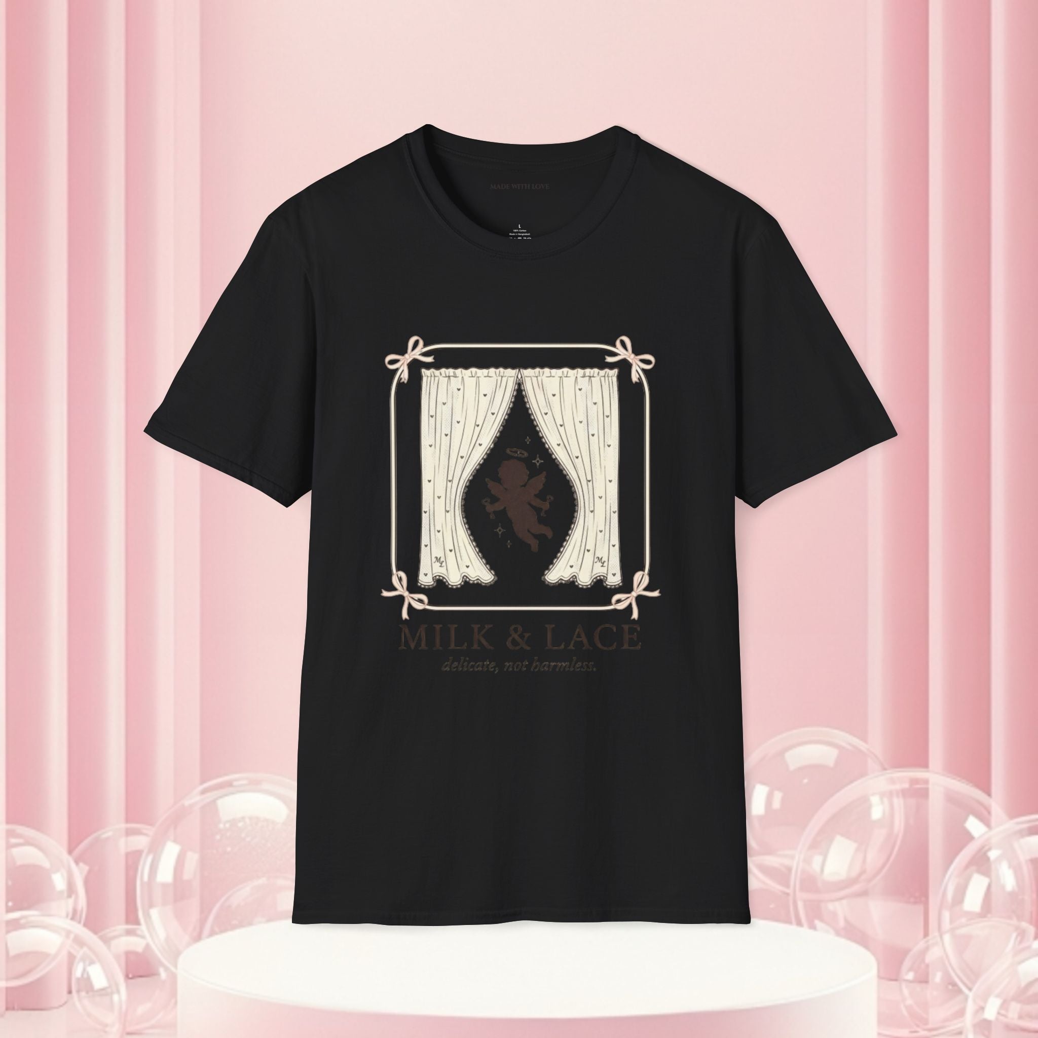 Milk & Lace Graphic T-Shirt — 'Handle With Desire' Vintage Cherub Design