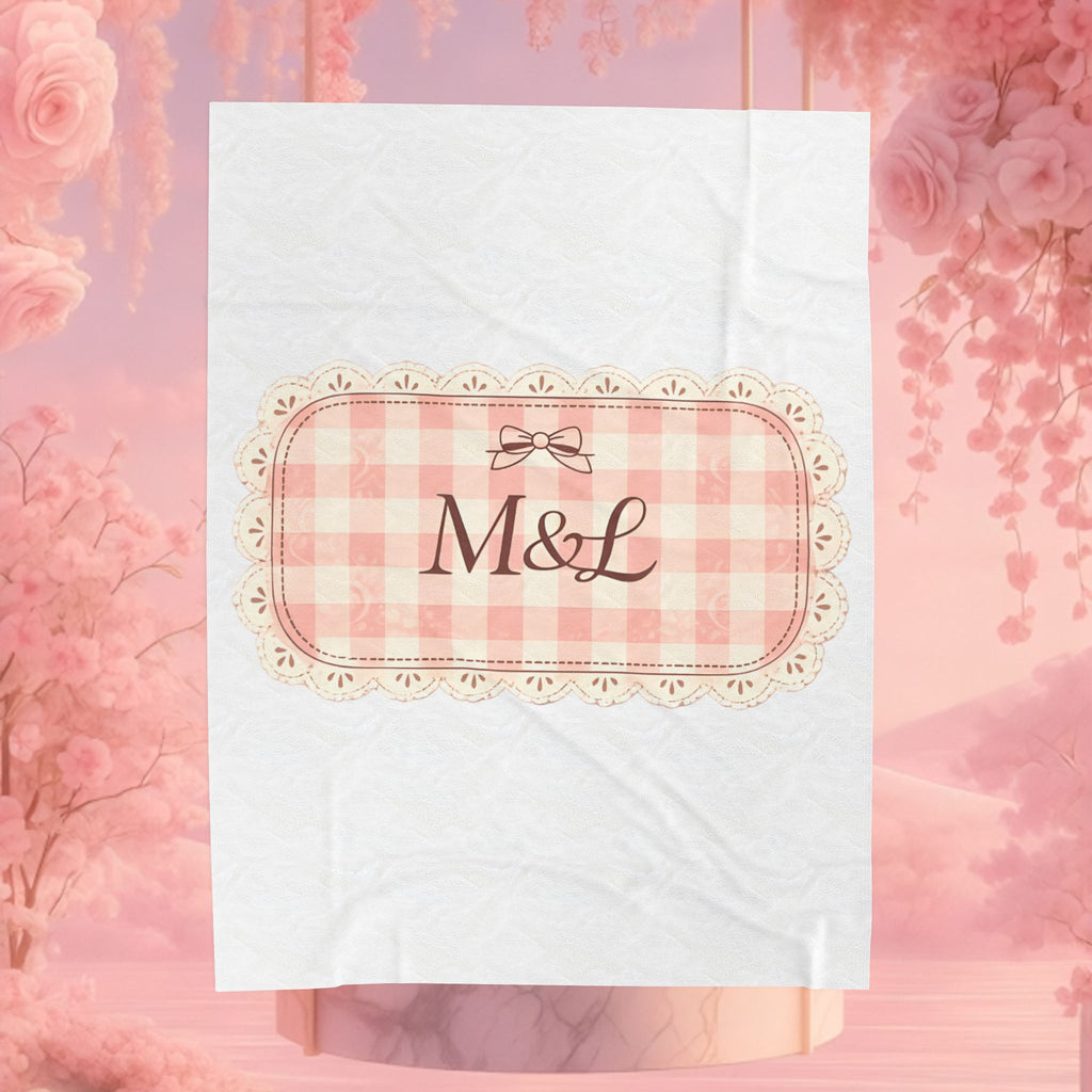 Pink Gingham Monogram Velveteen Plush Blanket