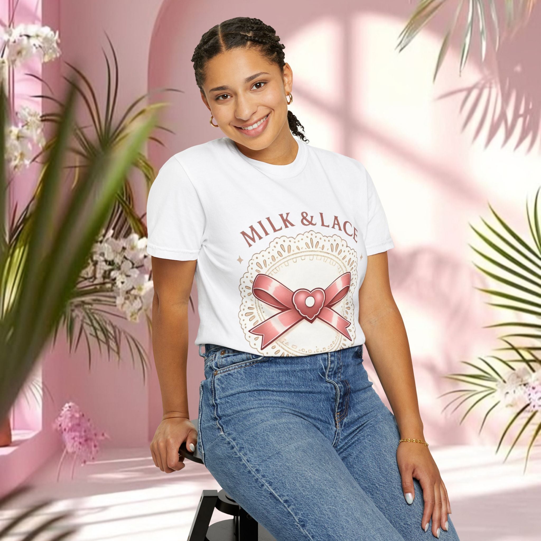 Milk & Lace Graphic T-Shirt — 'Soft Things Only' Romantic Bow Tee