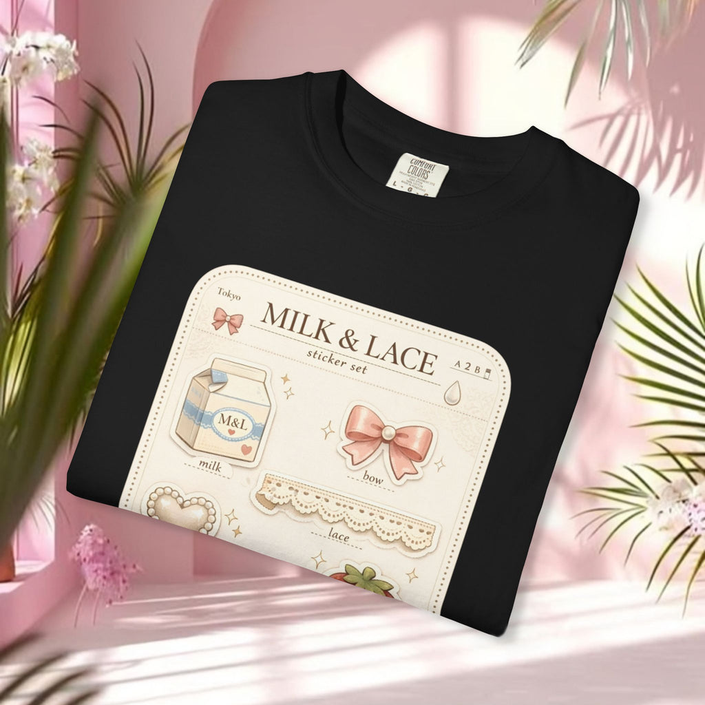 Milk & Lace Cute Pastel Sticker Tee — Strawberry Tea Graphic T-Shirt