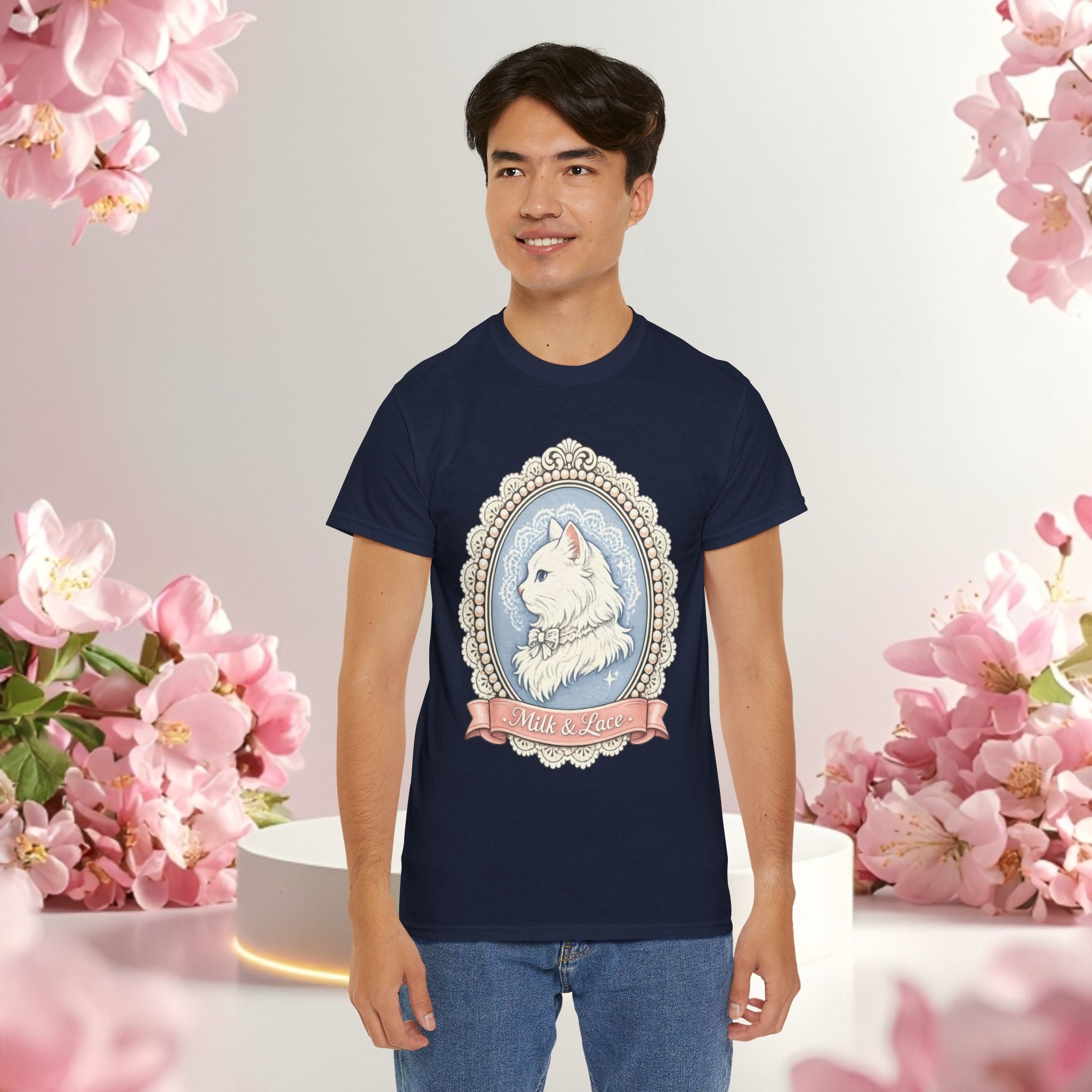 Cute Girly Cat T-Shirt — Soft Pastel Cat Graphic Tee for Cat Lovers