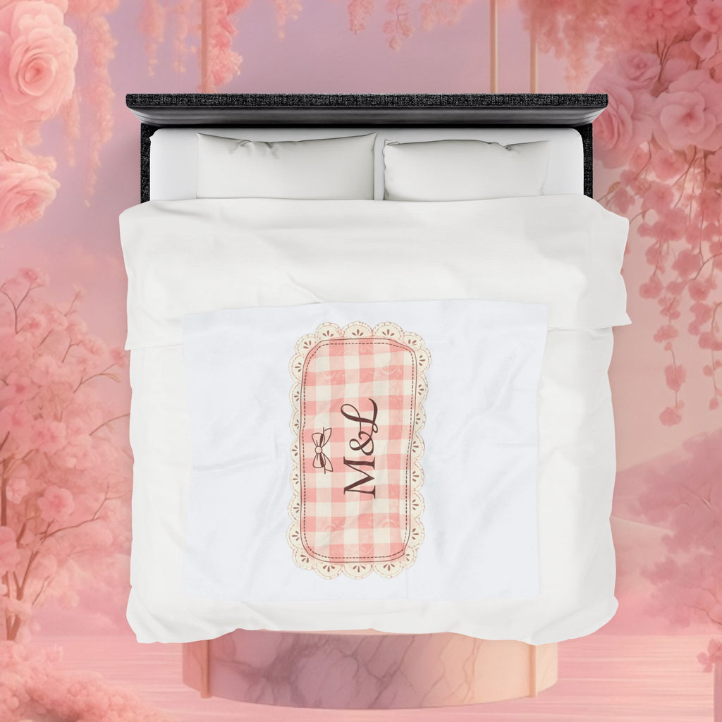 Pink Gingham Monogram Velveteen Plush Blanket