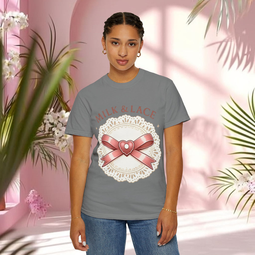Milk & Lace Graphic T-Shirt — 'Soft Things Only' Romantic Bow Tee