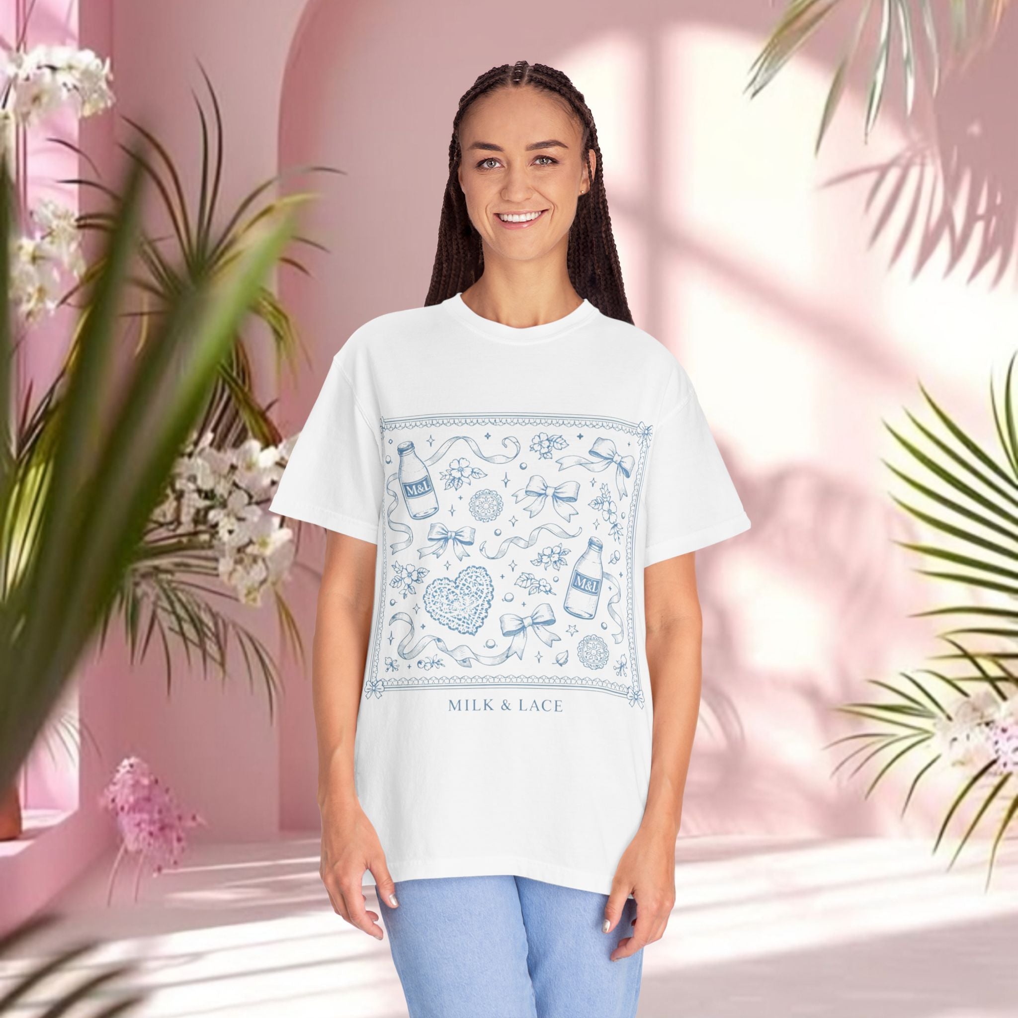 Milk & Lace Bandana Graphic T-Shirt — “soft things only.” Back Print