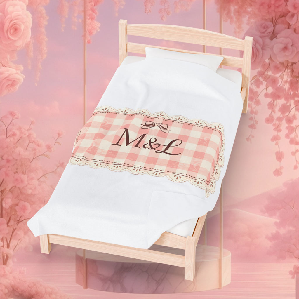 Pink Gingham Monogram Velveteen Plush Blanket