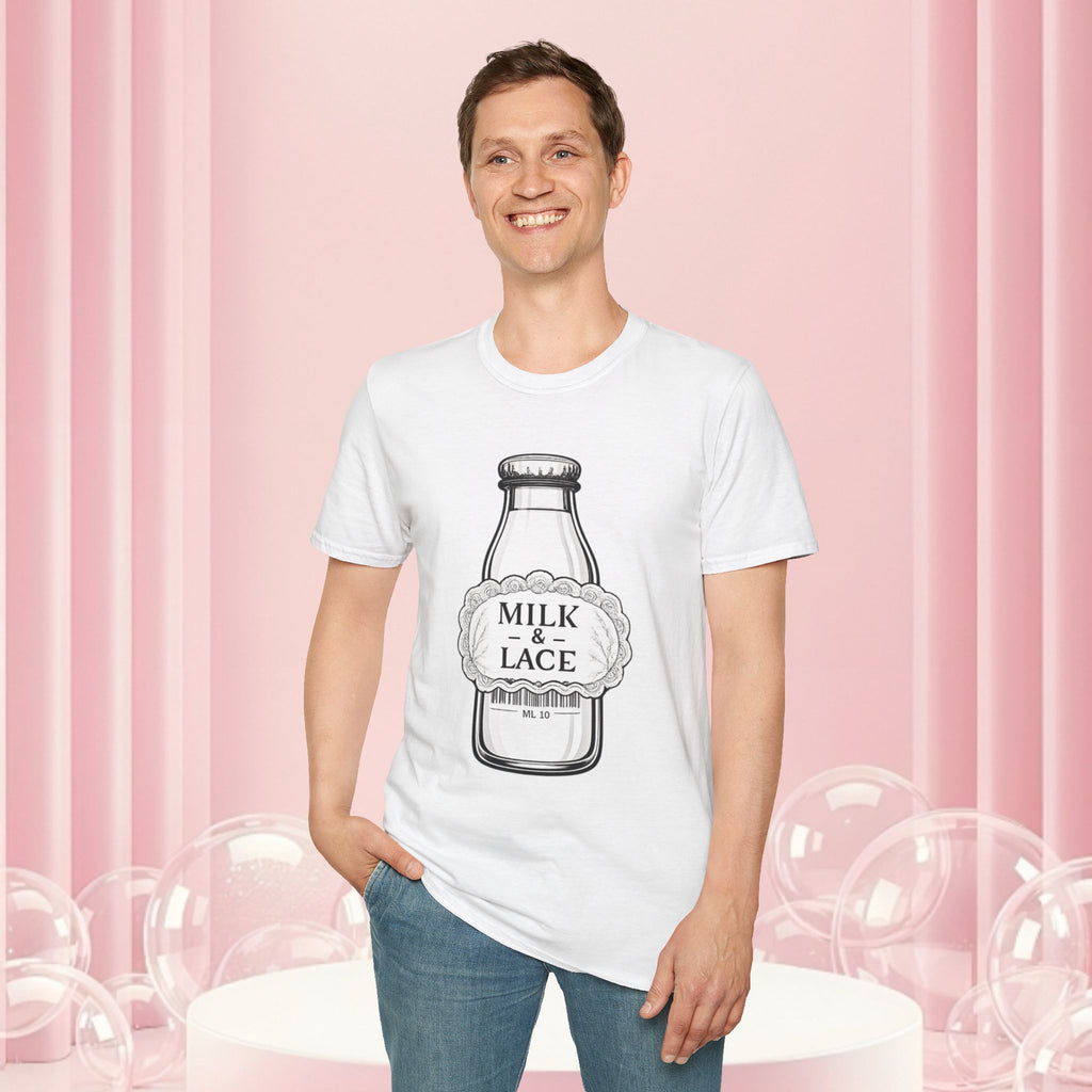 Milk & Lace T-Shirt — Vintage Milk Bottle Graphic with “Milk doesn't blush.” Back Text
