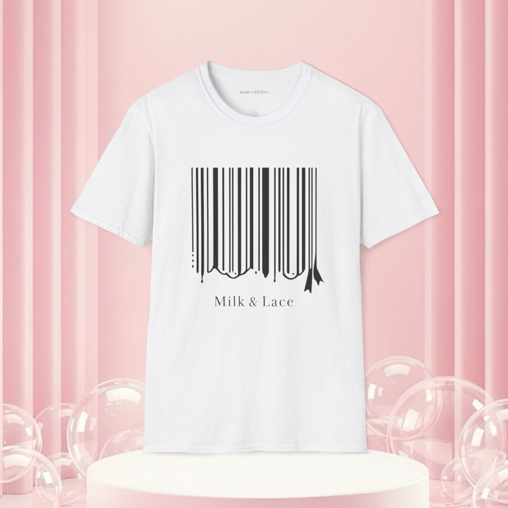 Milk & Lace Barcode Tee — “Delicate, Not Harmless.” Graphic T-Shirt