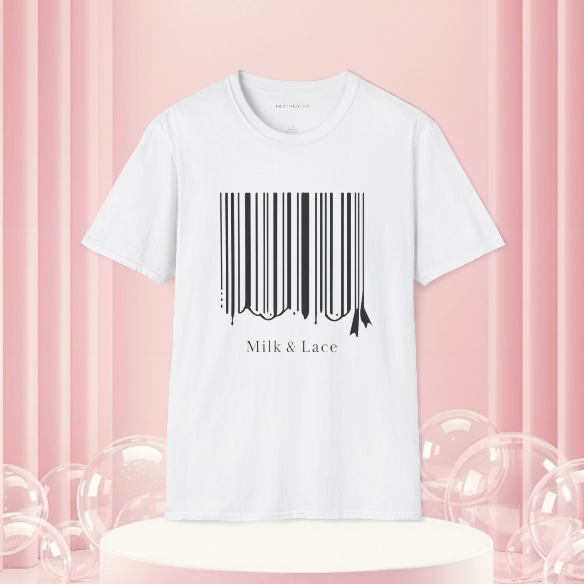 Milk & Lace Barcode Tee — “Delicate, Not Harmless.” Graphic T-Shirt