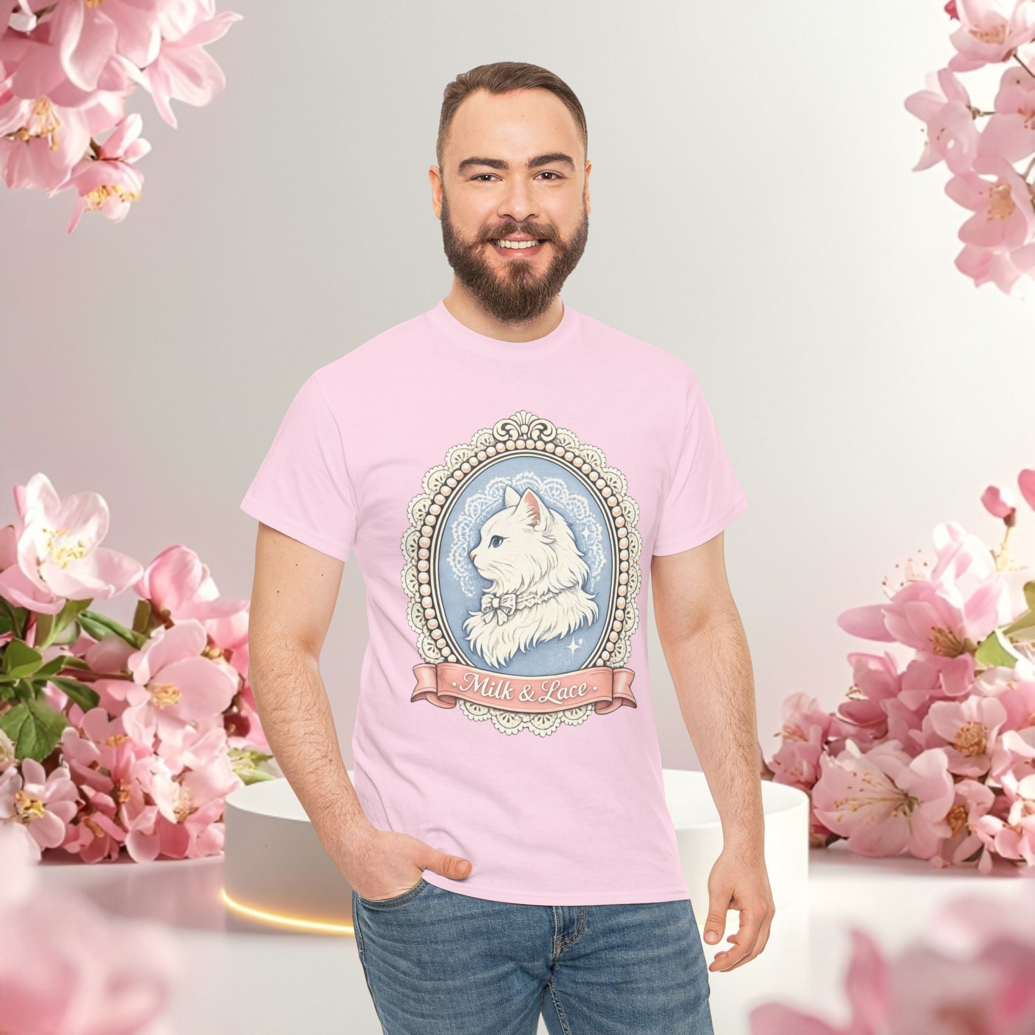Cute Girly Cat T-Shirt — Soft Pastel Cat Graphic Tee for Cat Lovers