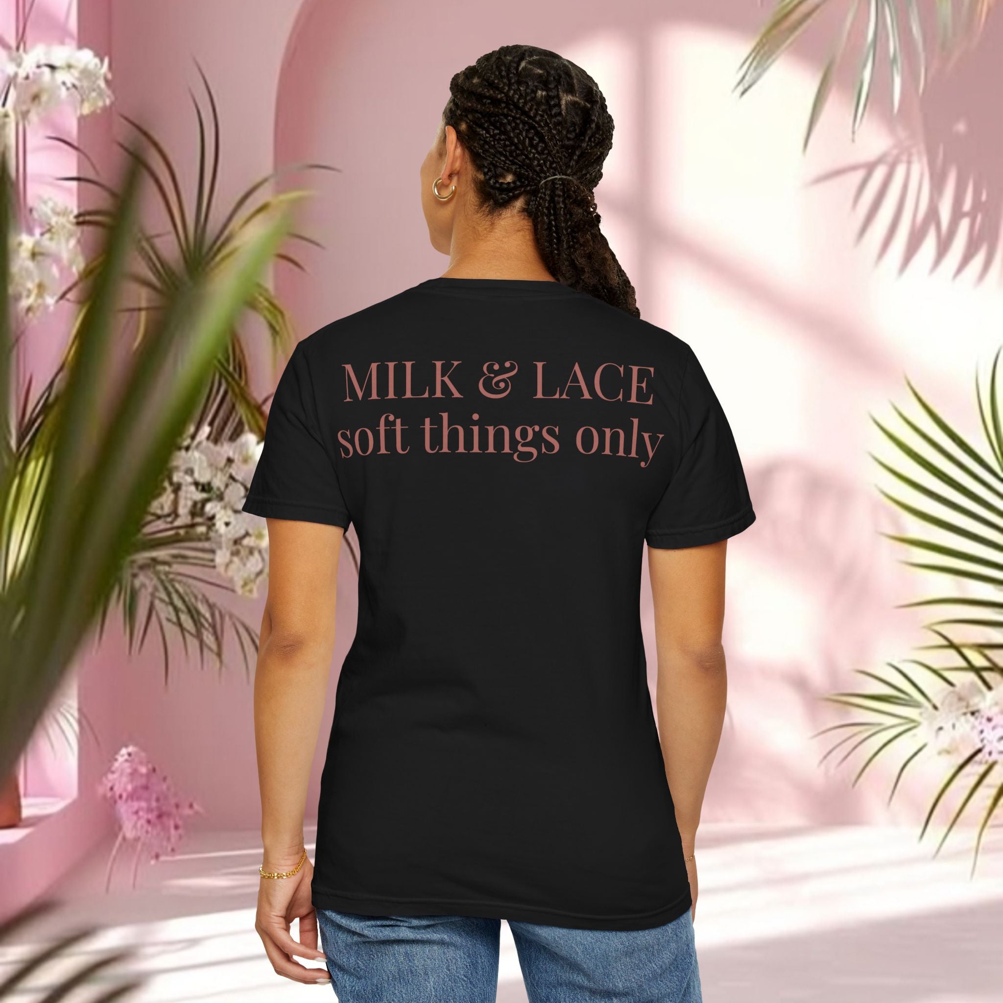 Milk & Lace Graphic T-Shirt — 'Soft Things Only' Romantic Bow Tee