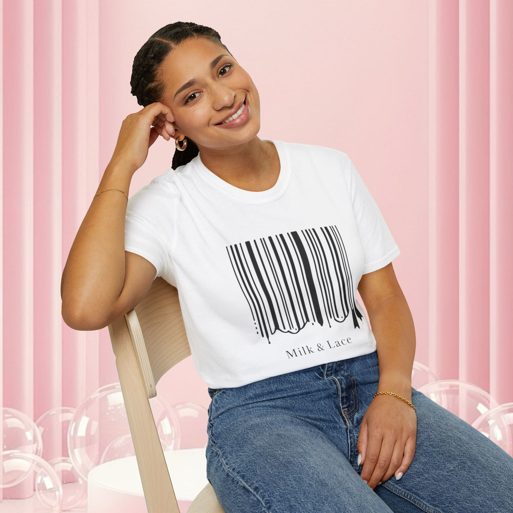 Milk & Lace Barcode Tee — “Delicate, Not Harmless.” Graphic T-Shirt