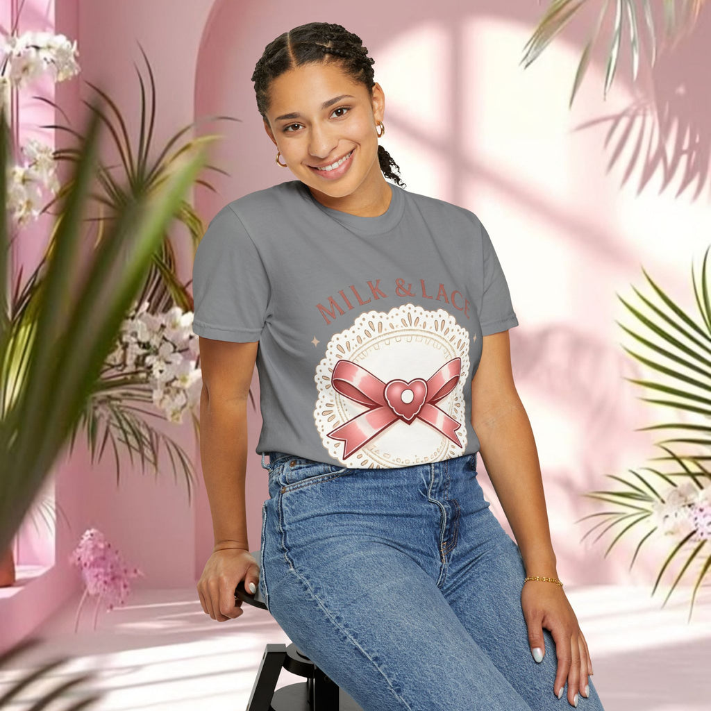 Milk & Lace Graphic T-Shirt — 'Soft Things Only' Romantic Bow Tee