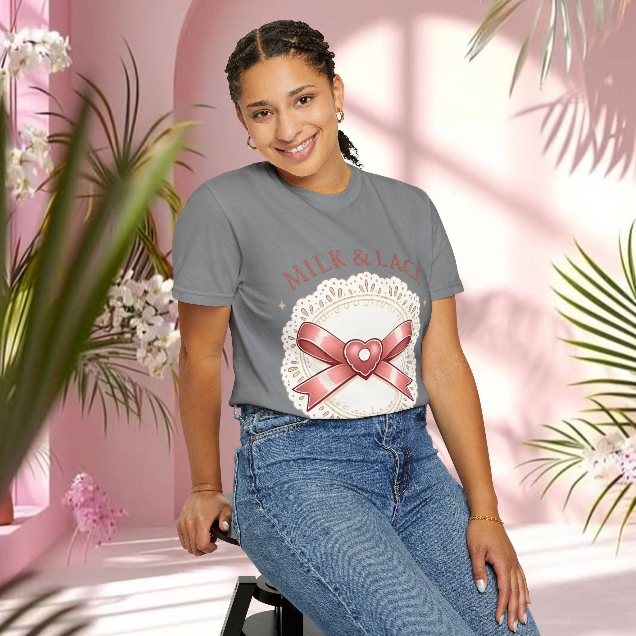Milk & Lace Graphic T-Shirt — 'Soft Things Only' Romantic Bow Tee