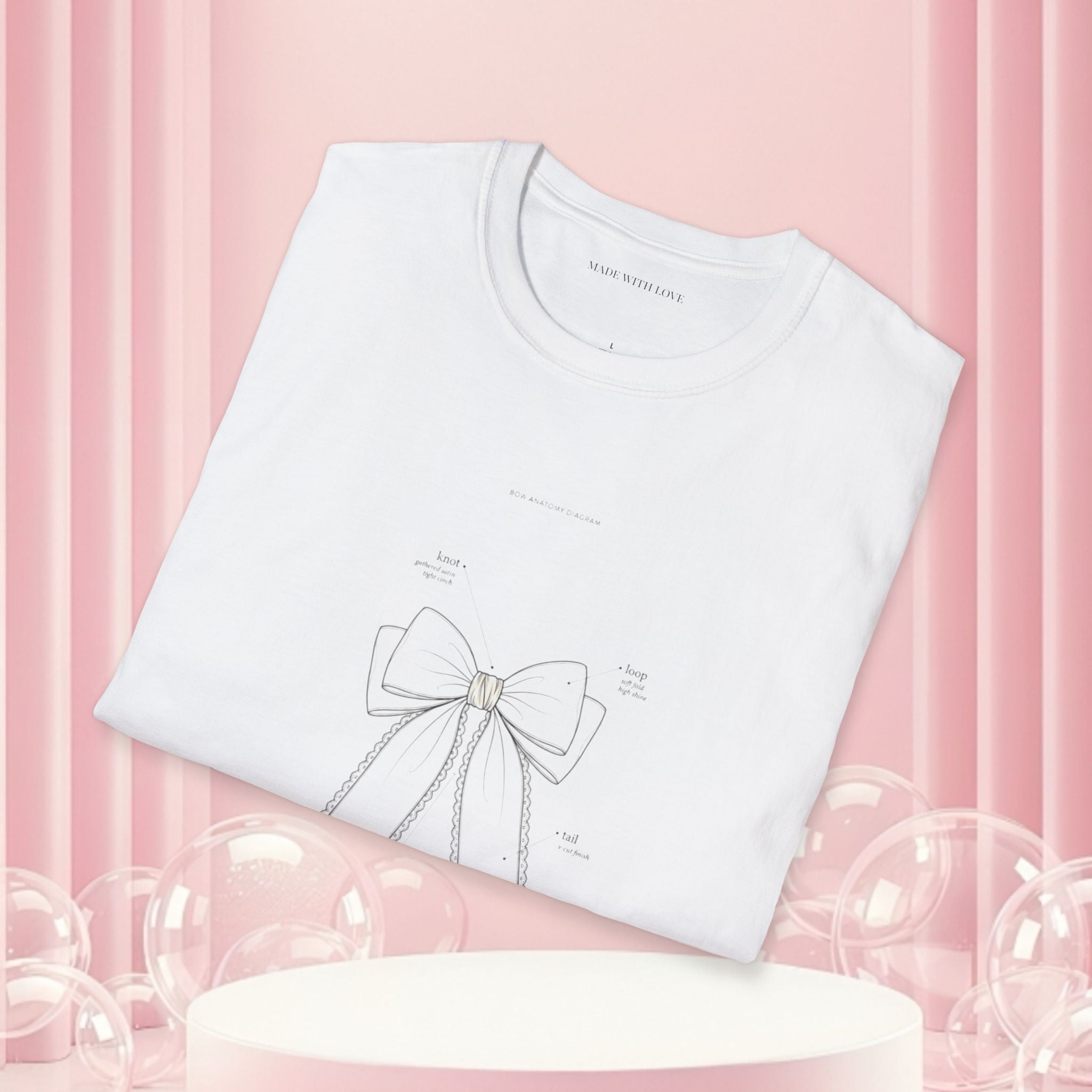 Minimal Bow Graphic T-Shirt — Delicate Ribbon Illustration with Subtle Back Text — Casual Feminine Tee
